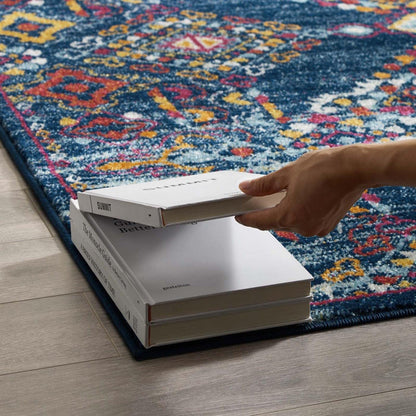 area rugs | CasaFoyer Entourage Khalida Distressed Vintage Floral Lattice Area Rug | Durable Frise Polypropylene | Rubber Bottom | Stain Resistant | 8x10 Blue/Orange/Yellow/Red | casafoyer.myshopify.com