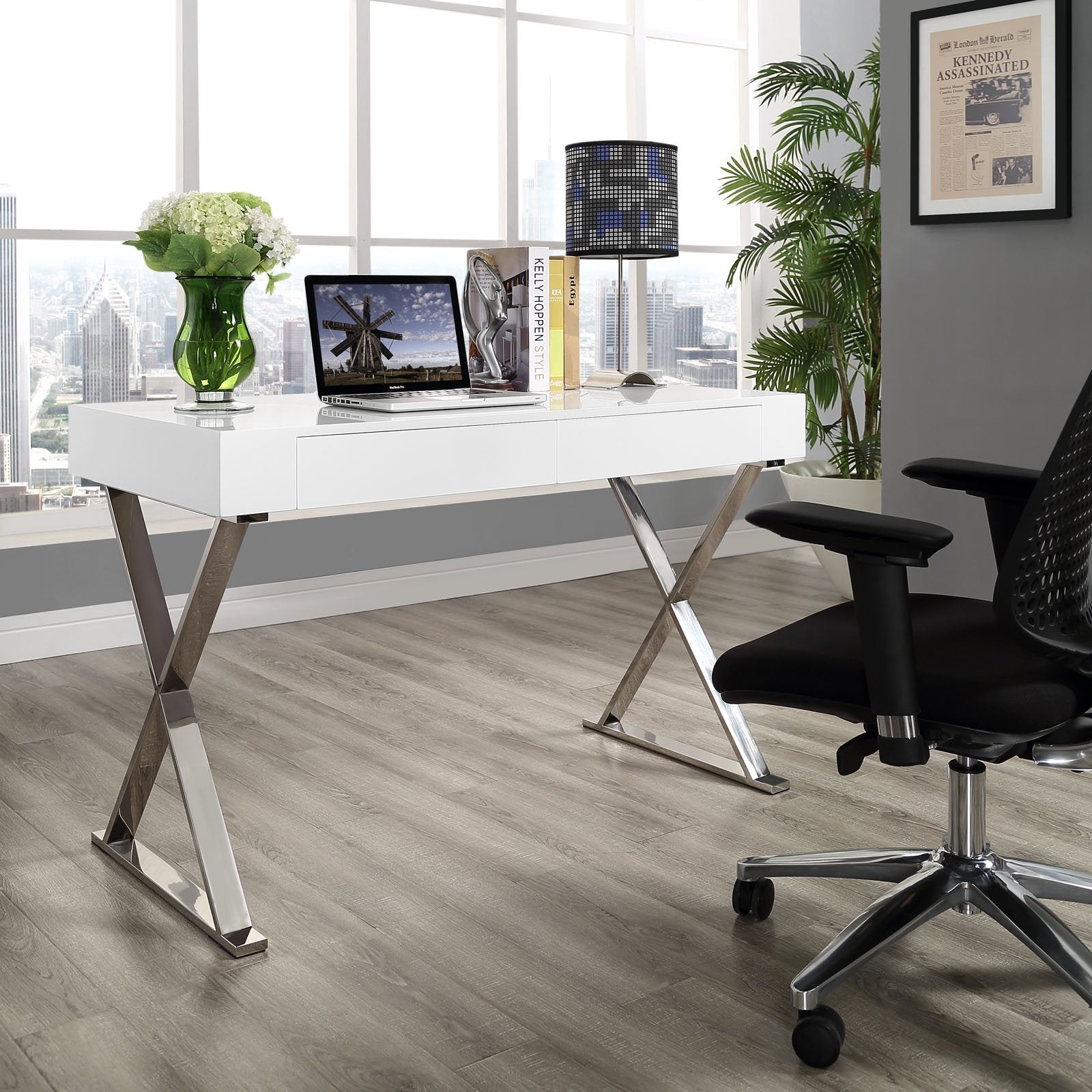 home office desks | Sector Modern Office Desk | Sleek High Gloss Coating | Distinguished Design | Stainless Steel Frame | White | casafoyer.myshopify.com