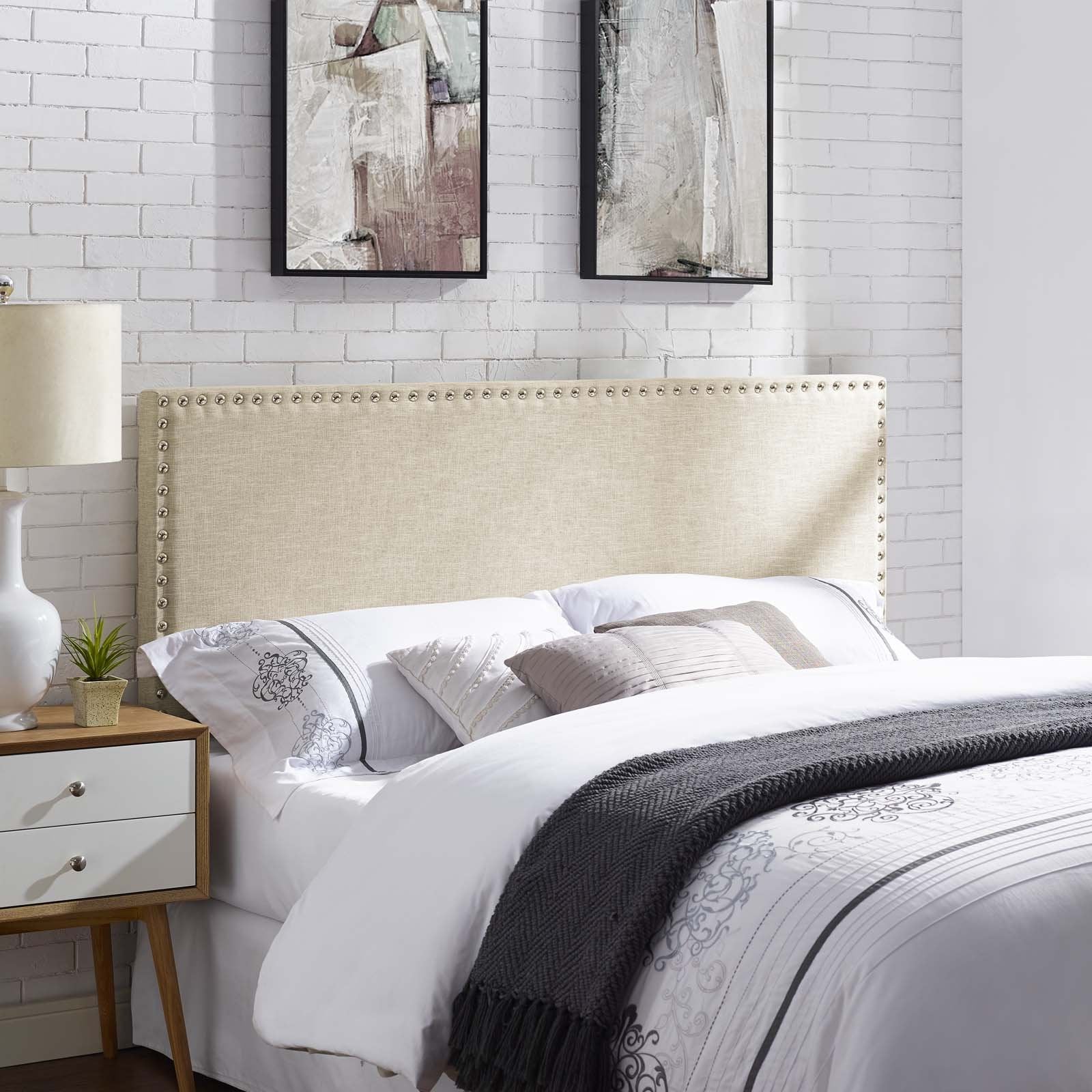 headboards | CasaFoyer  Phoebe Fabric Upholstered Queen Headboard | Stylish Design | Solid Wood Frame | Adjustable Legs | Soft Linen Upholstery | Silver Nail Button Trim | casafoyer.myshopify.com