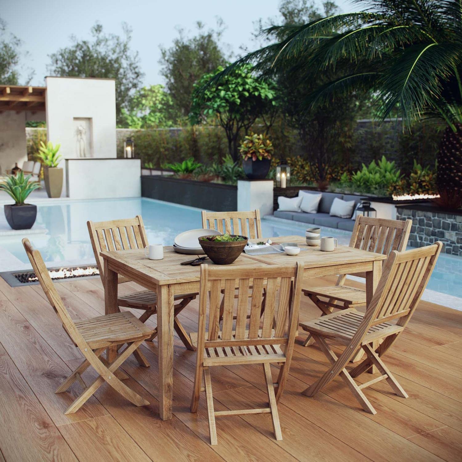 kitchen and dining room sets | CasaFoyer Premium Teak Wood Outdoor Set | Marina Collection | 7-Piece Patio Dining Set | Folding Chairs & All-Weather Cushions | casafoyer.myshopify.com