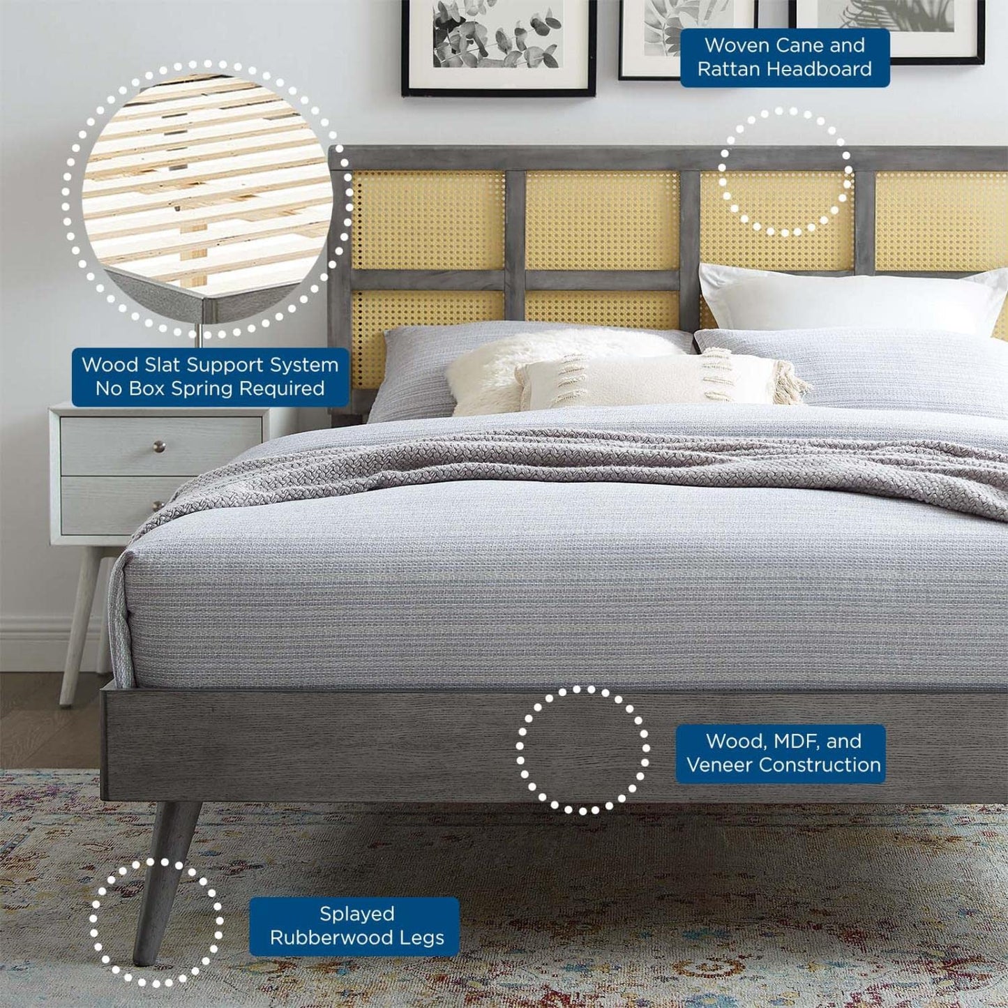 adjustable bed bases | CasaFoyer Sidney Woven Cane Rattan Wood Queen Platform Bed | Retro Charm | Natural Beauty | Sturdy Construction | No Box Spring Needed | Gray | casafoyer.myshopify.com