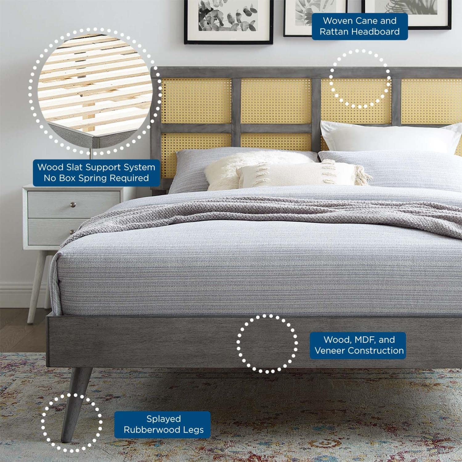 adjustable bed bases | CasaFoyer Sidney Woven Cane Rattan Wood Queen Platform Bed | Retro Charm | Natural Beauty | Sturdy Construction | No Box Spring Needed | Gray | casafoyer.myshopify.com