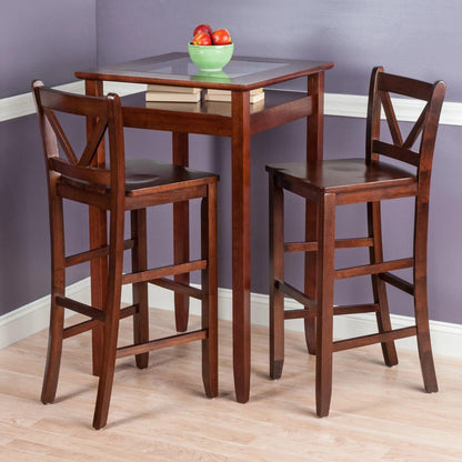 barstools | CasaFoyer Elegant Pub Table Set | Glass Top | 2 V-Back Chairs | Solid Wood | Walnut Finish | 25.6W x 25.6D | Tempered Glass | Sleek Design | casafoyer.myshopify.com