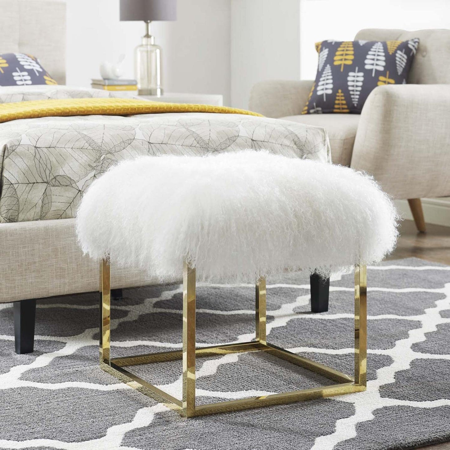 ottomans | CasaFoyer Anticipate Ottoman | Elegant & Sophisticated Gold White Sheepskin Upholstery | No Assembly | Supports up to 265 lbs | Perfect for Bedroom, Living Space, or Entryway | casafoyer.myshopify.com