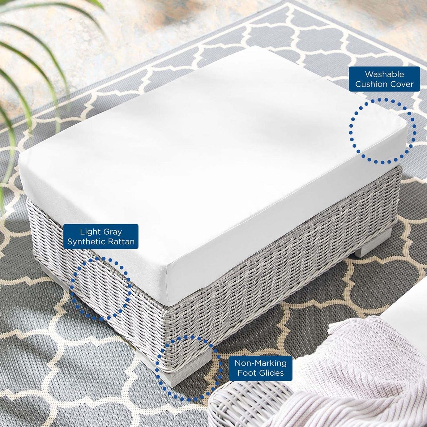 ottomans | CasaFoyer Conway Outdoor Patio Wicker Rattan Ottoman | UV-Resistant | Water-Resistant | Durable | Comfortable Seating | Light Gray | casafoyer.myshopify.com