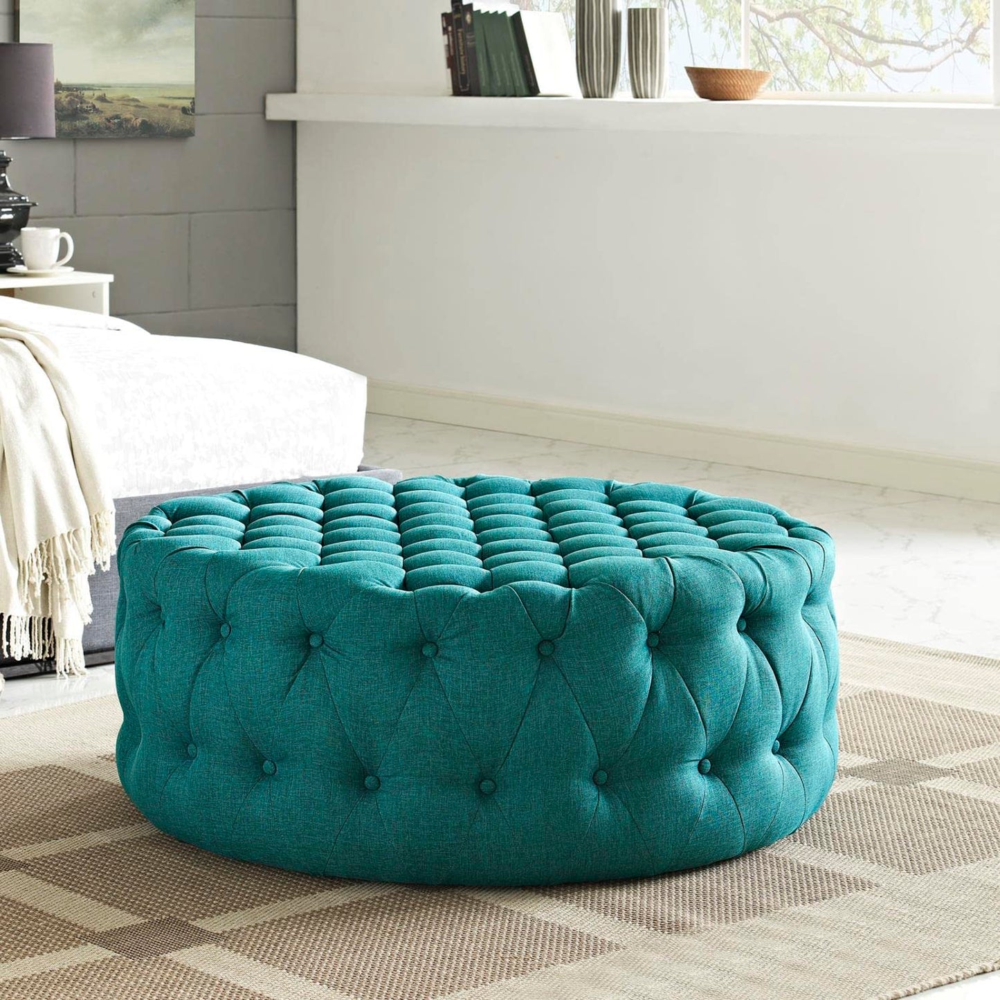 ottomans | CasaFoyer Amour Round Ottoman | Elegant Tufted Design | Plush Foam Padding | High-Quality Fabric Upholstery | Non-Marking Legs | Versatile for Bedroom, Living Room, Lounge, Office | Teal | casafoyer.myshopify.com