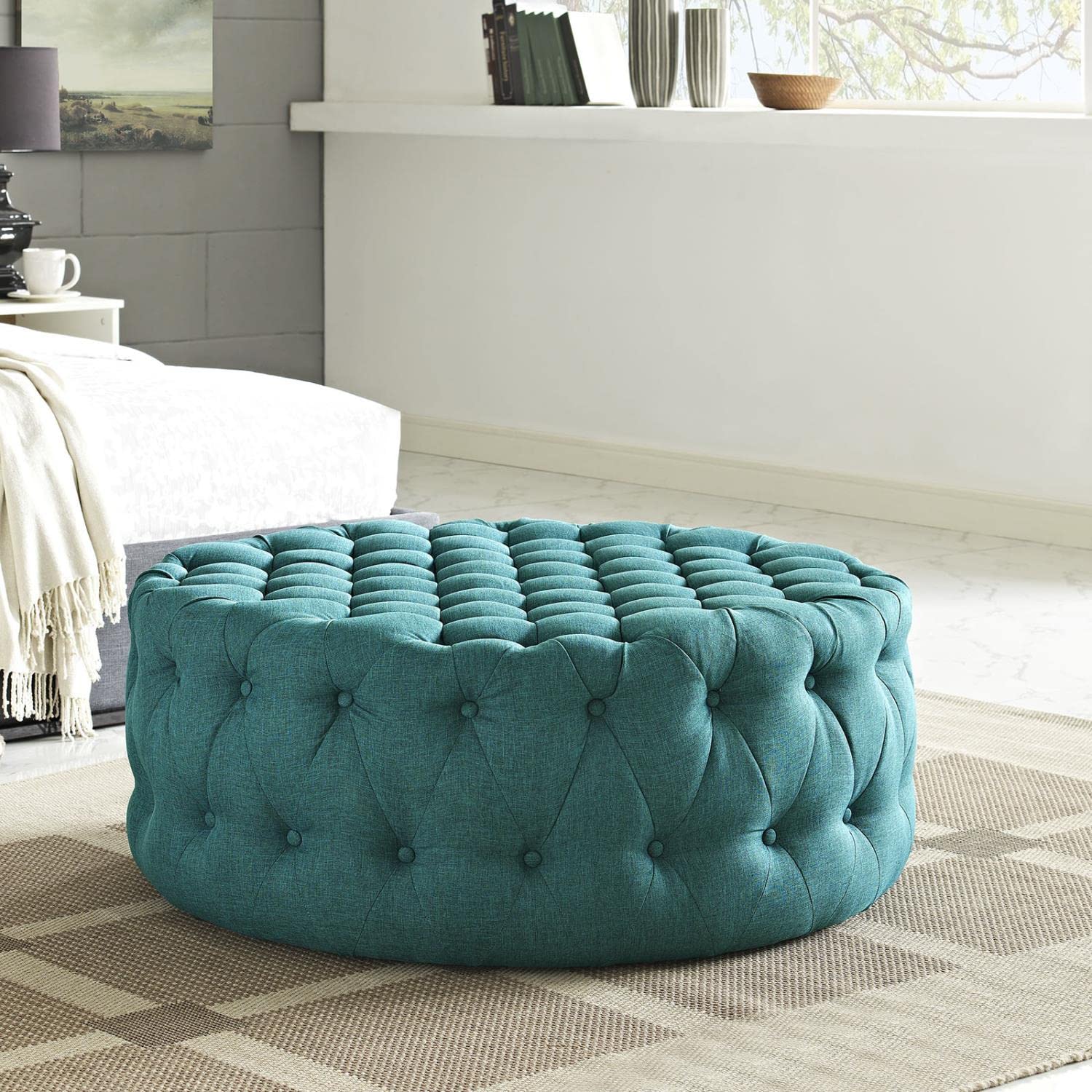 ottomans | CasaFoyer Amour Round Ottoman | Elegant Tufted Design | Plush Foam Padding | High-Quality Fabric Upholstery | Non-Marking Legs | Versatile for Bedroom, Living Room, Lounge, Office | Teal | casafoyer.myshopify.com