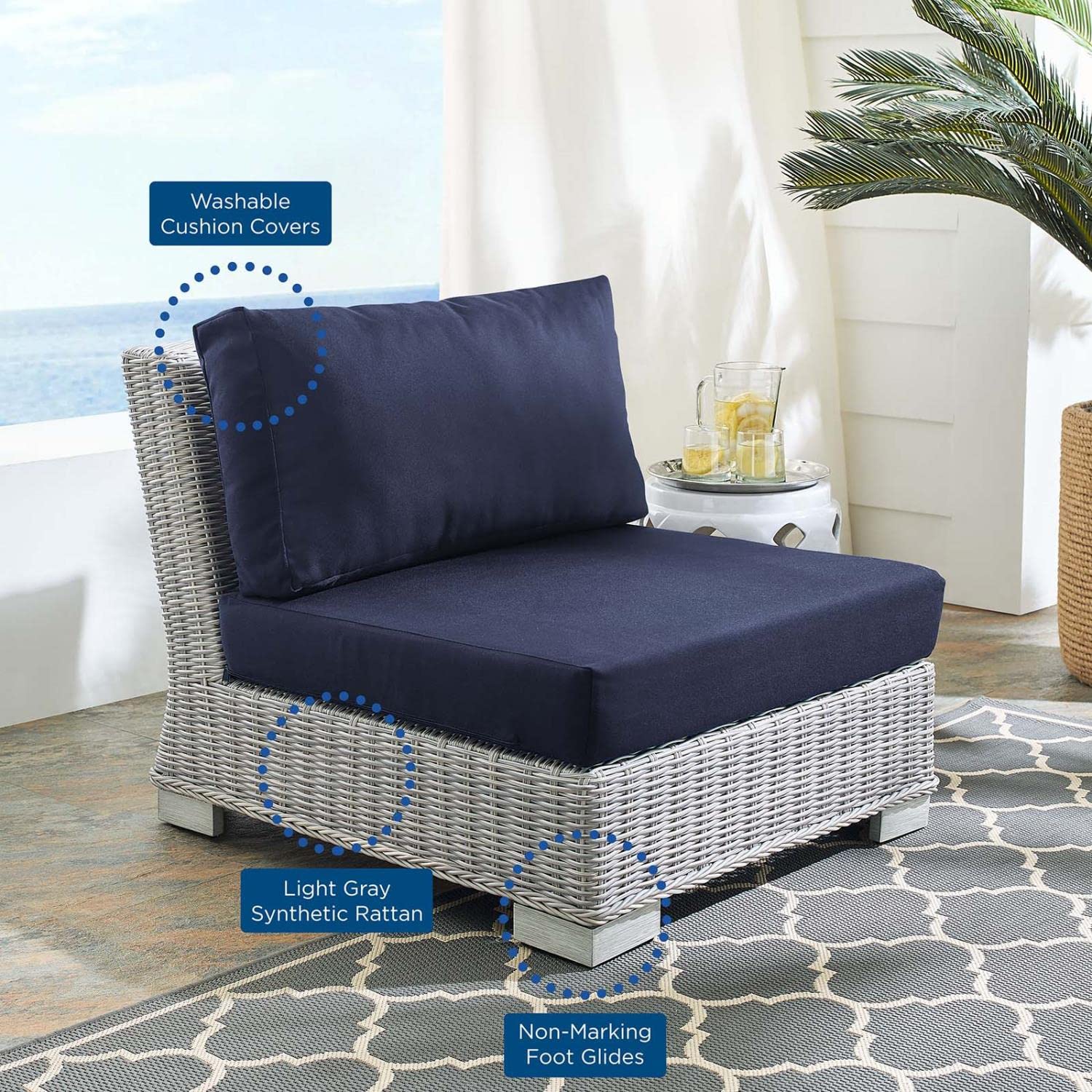 patio bistro sets | CasaFoyer Conway Outdoor Patio Wicker Rattan Armless Chair | Light Gray | UV-Resistant | Aluminum Frame | Sunbrella Cushions | 300 lb Weight Capacity | casafoyer.myshopify.com