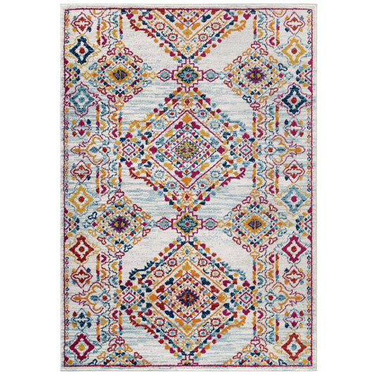 Carpet & Rugs | CasaFoyer Khalida Distressed Vintage Floral Lattice Area Rug | Durable Frise Polypropylene | Stain Resistant | Gripping Rubber Bottom | 5x8 | Ivory/Blue/Orange/Yellow/Red | casafoyer.myshopify.com