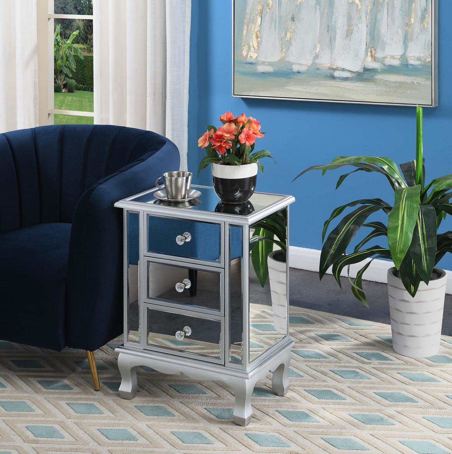 TABLE | Ergode Gold Coast Vineyard Mirrored 3 Drawer End Table | Elegant and Alluring Home Decor | Faux Crystal Rosette Knobs | Generous Storage Capacity | Traditional Cabriole Legs | Mirrored Glass Panels | Captivating Painted Finish | Versatile and Striking | casafoyer.myshopify.com