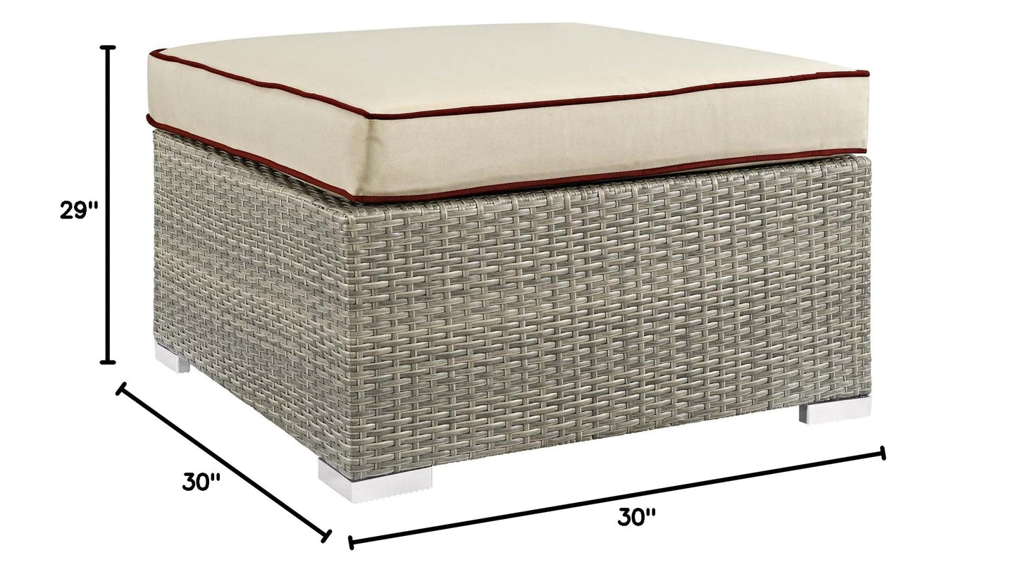 ottomans | CasaFoyer Repose Outdoor Patio Ottoman | Stylish & Comfortable | Tan & Gray Synthetic Rattan Weave | UV Protection | Plush 4-inch Cushions | Non-Marking Foot Pads | Sturdy Aluminum Frame | Supports 331 lbs. | casafoyer.myshopify.com