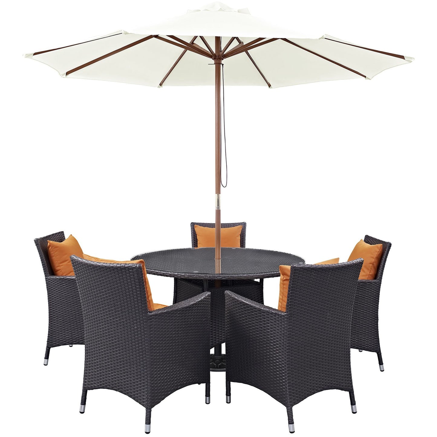 kitchen and dining room sets | CasaFoyer Convene Outdoor Sectional Series | Weather-Resistant Patio Dining Set with Umbrella | 5 Armchairs, 106 Umbrella, 47 Round Table | casafoyer.myshopify.com