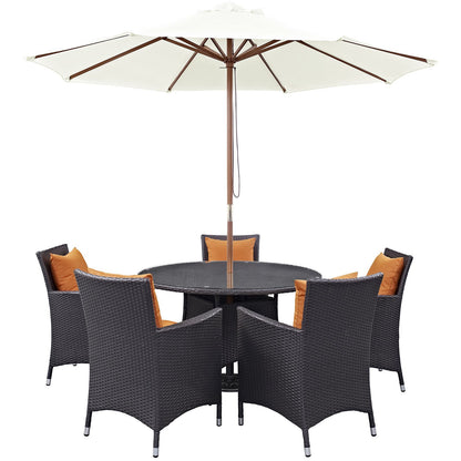 kitchen and dining room sets | CasaFoyer Convene Outdoor Sectional Series | Weather-Resistant Patio Dining Set with Umbrella | 5 Armchairs, 106 Umbrella, 47 Round Table | casafoyer.myshopify.com