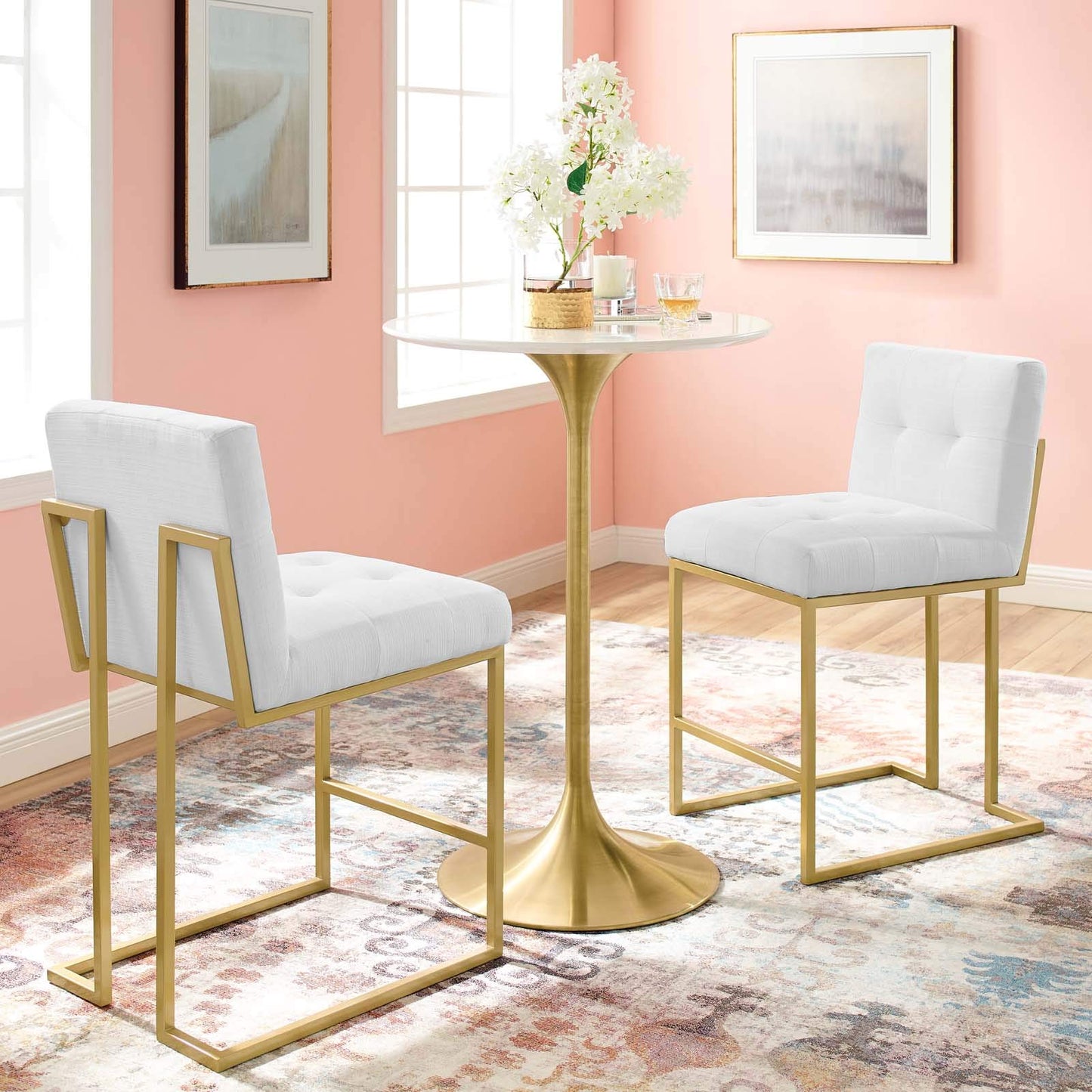 home office desk chairs | CasaFoyer Privy Counter Stool Set of 2 | Gold Stainless Steel Base | Plush Fabric Upholstery | No Assembly | Enhance Dining Aesthetics | casafoyer.myshopify.com