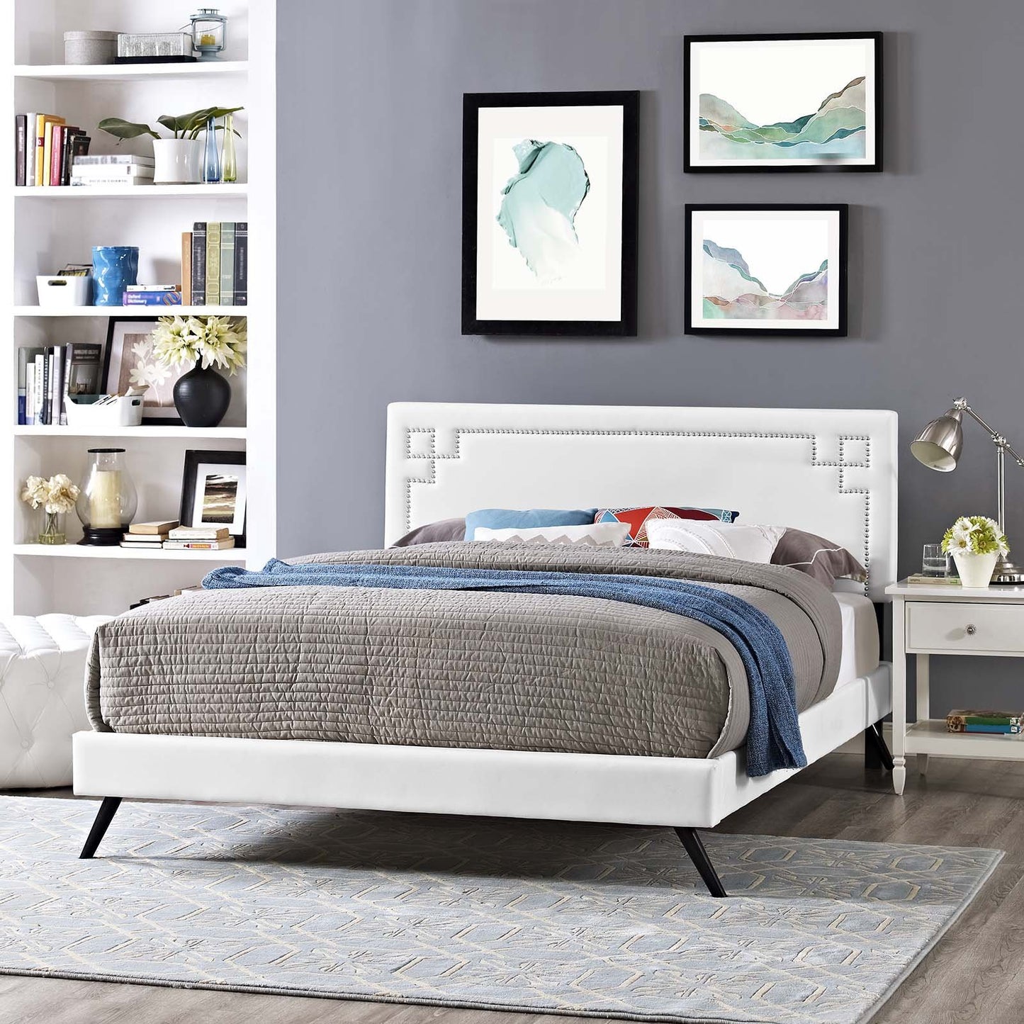 Bed | CasaFoyer Ruthie Platform Bed | Solid Wood Frame | Vinyl Upholstery | Tapered Legs | Stable & Stylish | No Box Spring Needed | Queen Size, White | casafoyer.myshopify.com