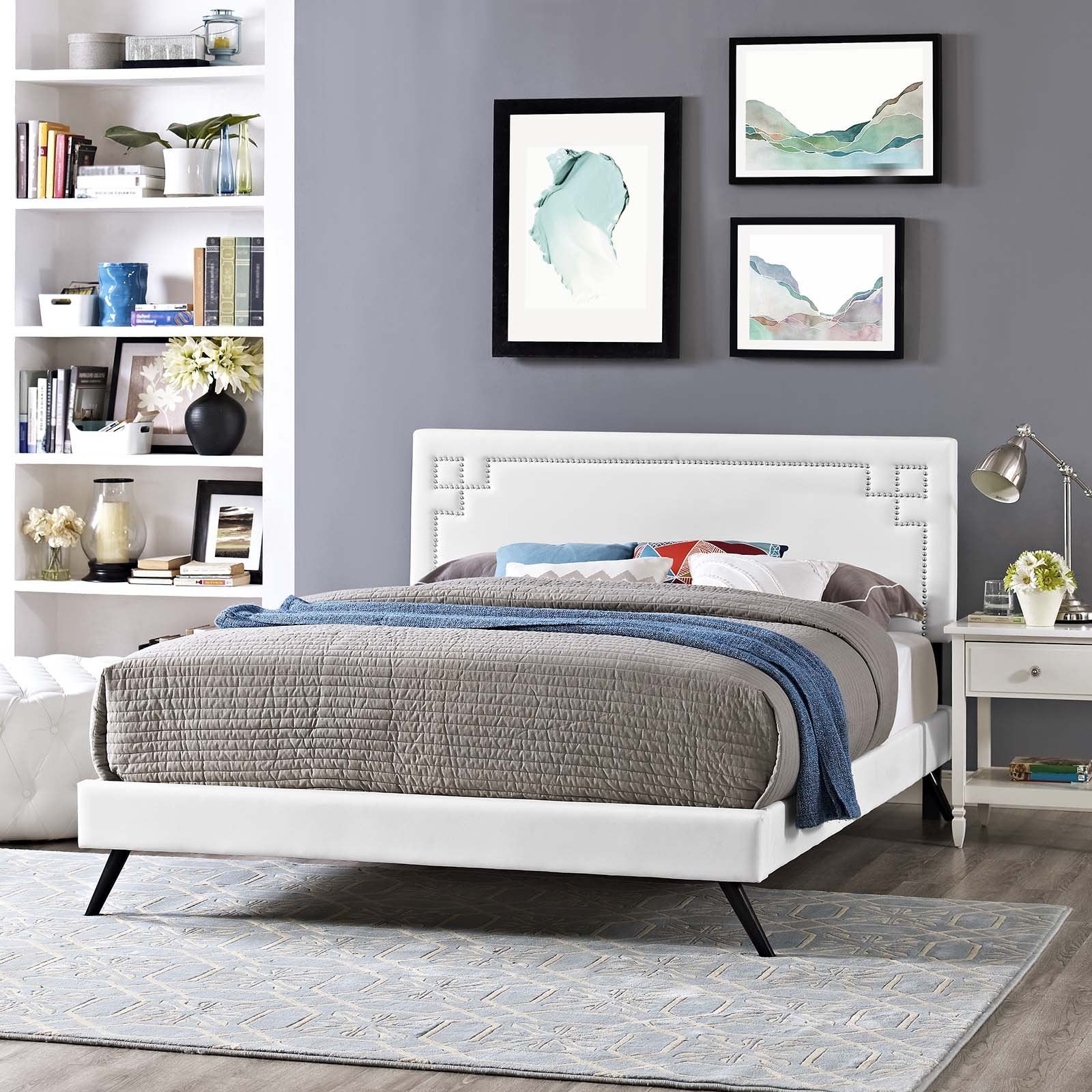 Bed | CasaFoyer Ruthie Platform Bed | Solid Wood Frame | Vinyl Upholstery | Tapered Legs | Stable & Stylish | No Box Spring Needed | Queen Size, White | casafoyer.myshopify.com