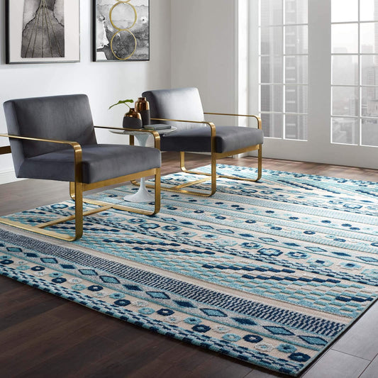 area rugs | CasaFoyer Cadhla Vintage Abstract Geometric Lattice Rug | Reflect Collection | 8x10 | Indoor/Outdoor | Durable & Stylish | Ivory/Blue | casafoyer.myshopify.com