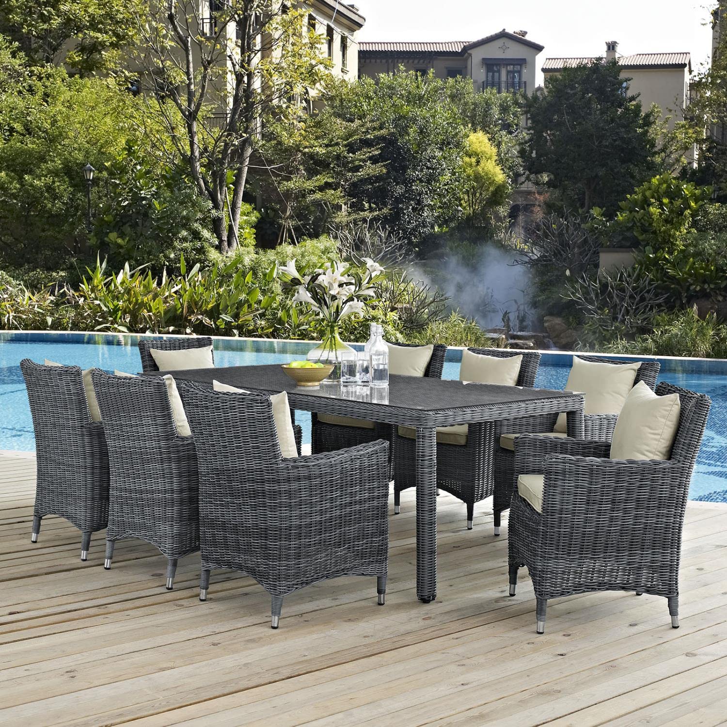 kitchen and dining room sets | CasaFoyer Summon Outdoor Patio Dining Table Set | 9-Piece | Sunbrella Cushions | Two-Tone Rattan Weave | casafoyer.myshopify.com