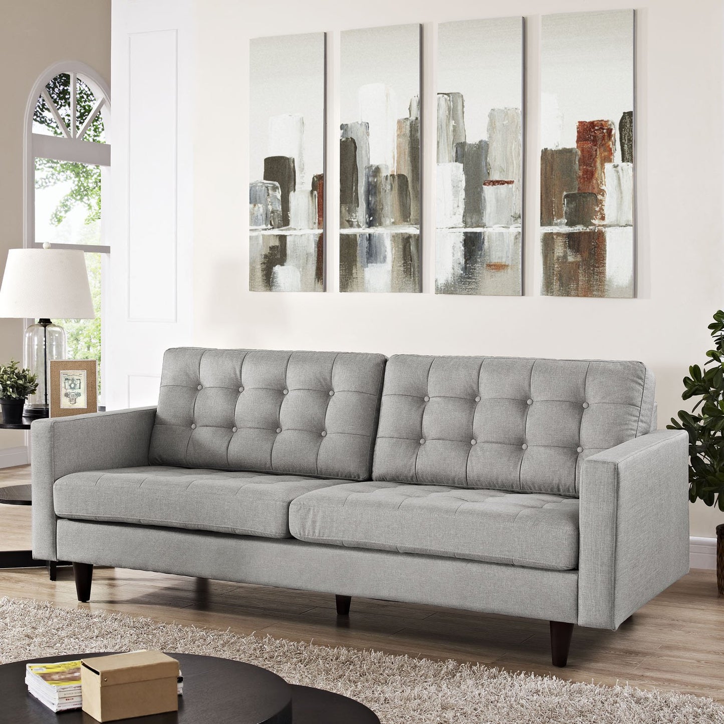 ottomans | CasaFoyer Empress Upholstered Sofa | Luxurious & Elegant Design | Tufted Buttons | Plush Cushions | Light Gray | casafoyer.myshopify.com