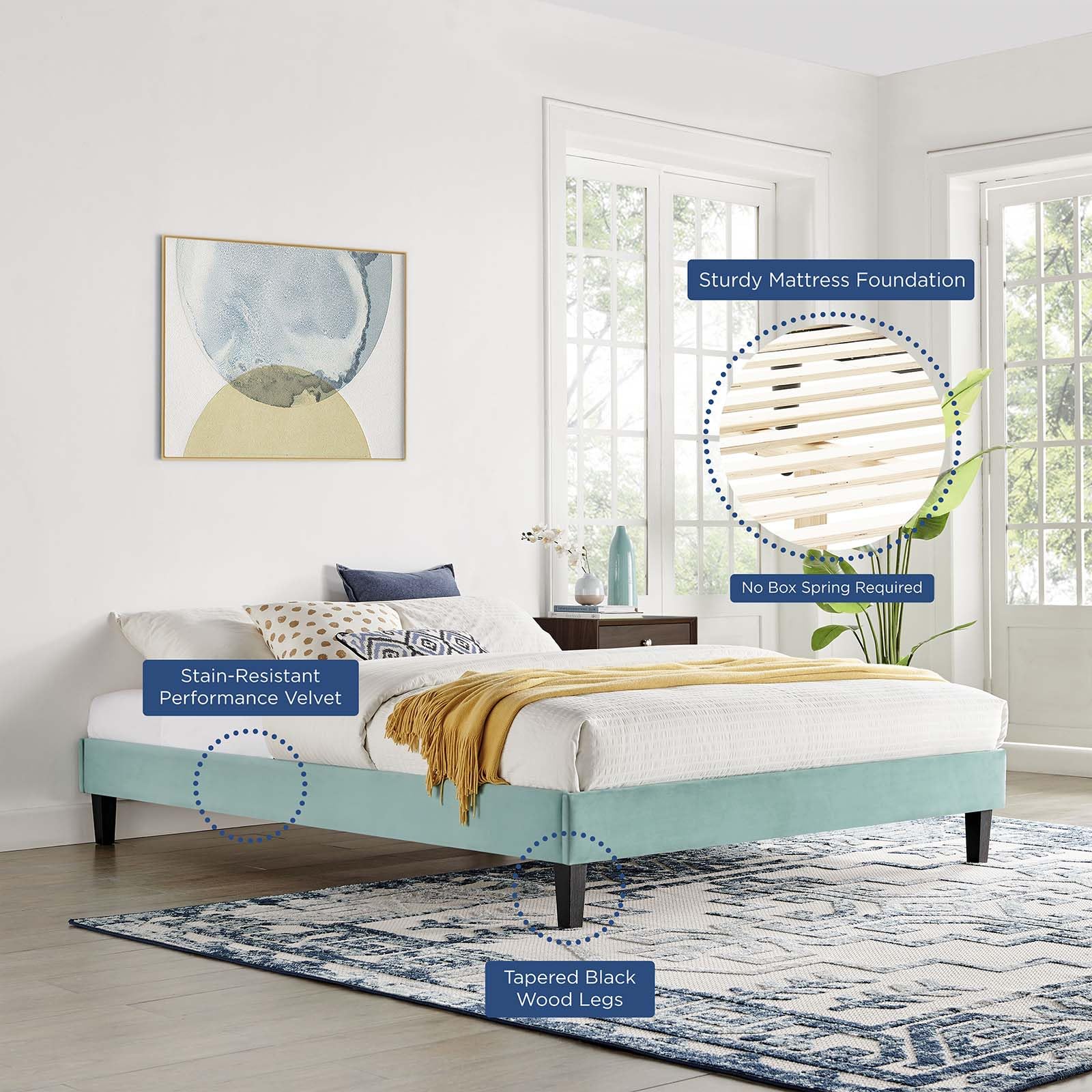 adjustable bed bases | CasaFoyer Reign Performance Velvet Queen Platform Bed Frame | Soft & Stain-Resistant Upholstery | Sturdy Side Rails | Tapered Black Wood Legs | 800 lbs Weight Capacity | Assembly Required | Mattress Not Included | casafoyer.myshopify.com