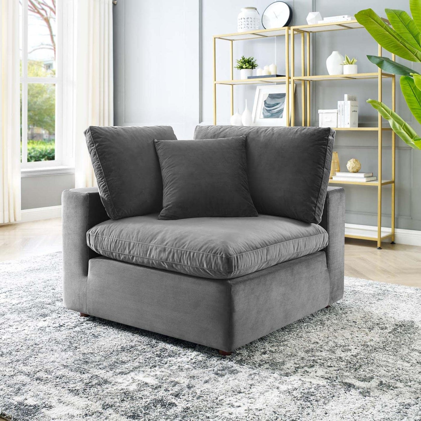 sofas | CasaFoyer Commix Corner Chair | Plush Gray Velvet | Stylish & Durable | Solid Wood Construction | Foam & Duck Down Cushions | 331 lbs Capacity | casafoyer.myshopify.com