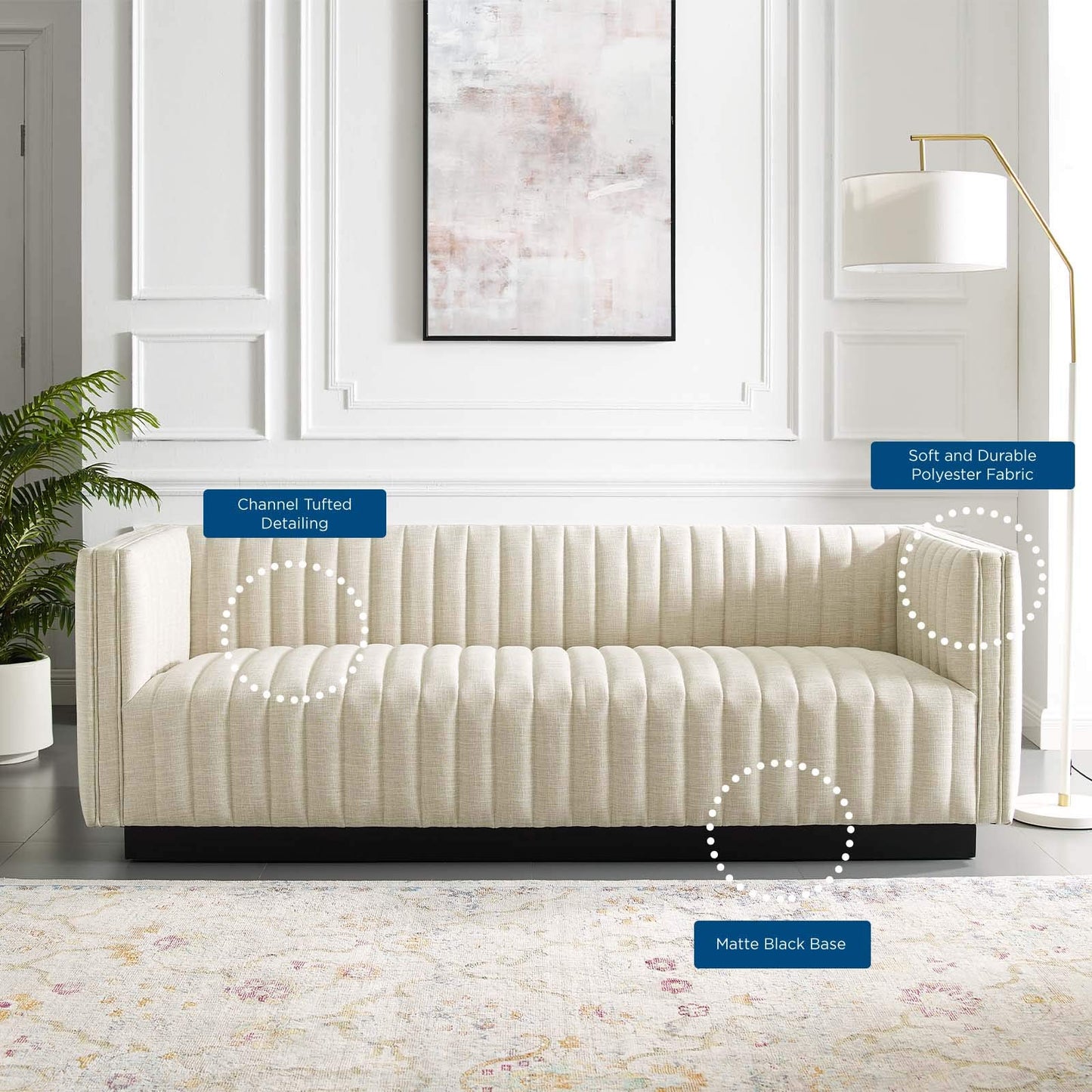 sofas | CasaFoyer Conjure Channel Tufted Fabric Upholstered Sofa | Luxurious Glam Deco Style | Retro Modern Charm | Comfortable Seating | Matte Black Wooden Base | casafoyer.myshopify.com