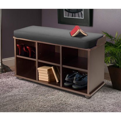 BENCH | Ergode Townsend Bench | Cushion Seat | Shoe Storage | Black & Espresso | Entryway & Bedroom | 32.36W x 11.81D x 1.97 | 6 Storage Sections | Solid & Composite Wood | Assembly Required | 33.7W x 12.52D x 19.17H | 37.35 lbs | casafoyer.myshopify.com