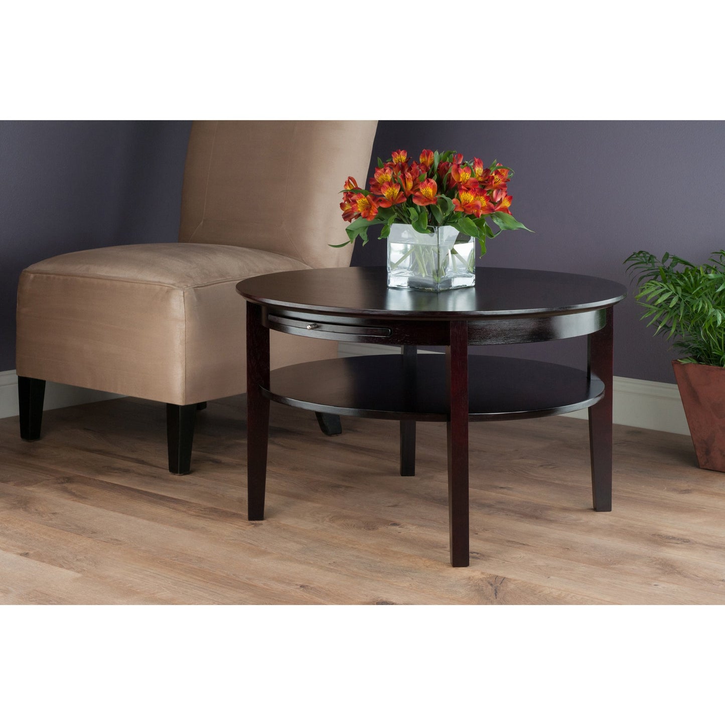 TABLE | CasaFoyer Amelia Occasional Table Collection | Round Coffee Table & End Table Set | Pull-out Tray, Storage Shelf | Dark Espresso Finish | Solid & Composite Wood | Assembly Required | 29.9W x 29.9D x 18H | casafoyer.myshopify.com