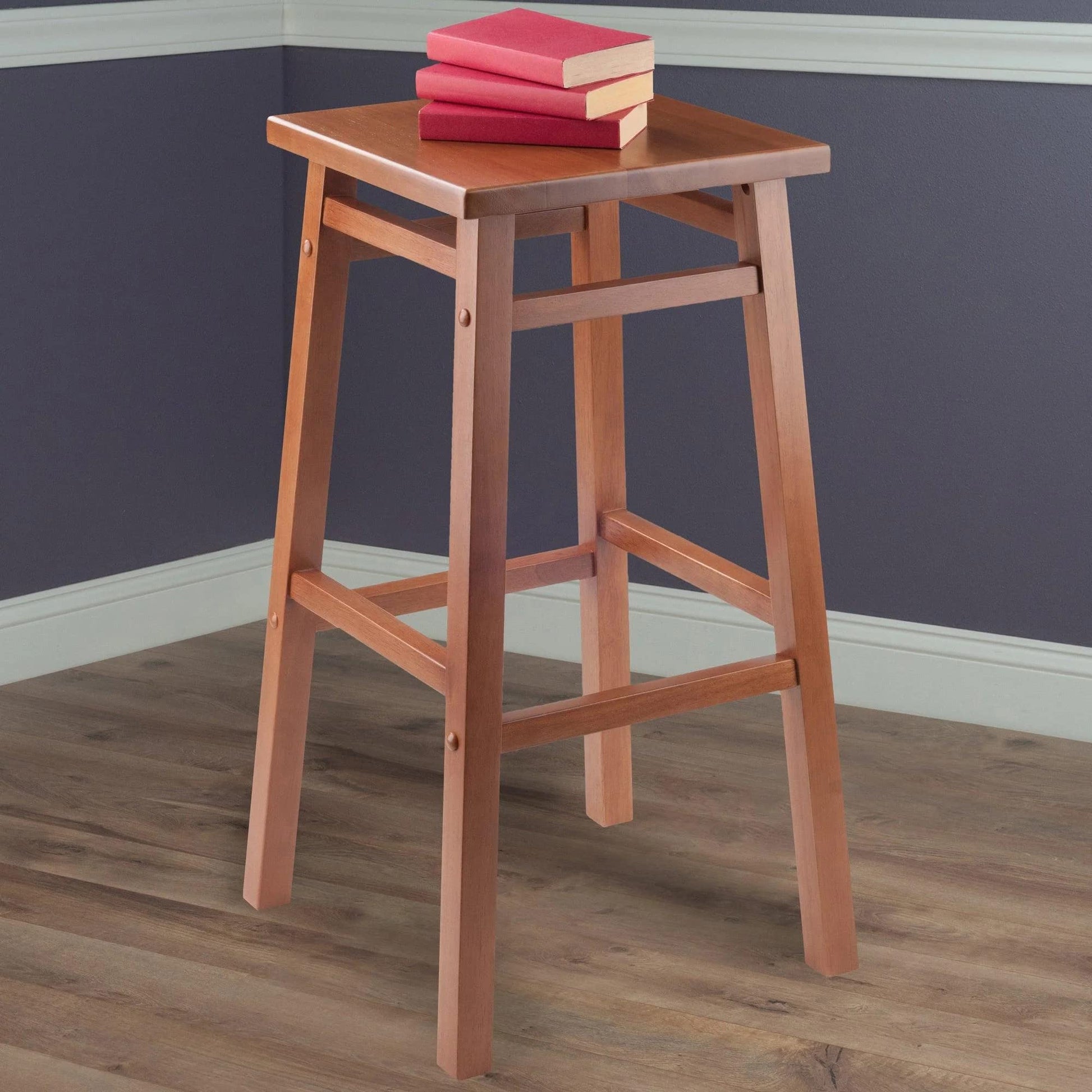 STOOL_SEATING | CasaFoyer  Wood Carter Square Seat Bar Stool - Teak Finish | Solid Wood Construction | 2 Height Options | Sturdy & Stylish | Easy Assembly | casafoyer.myshopify.com