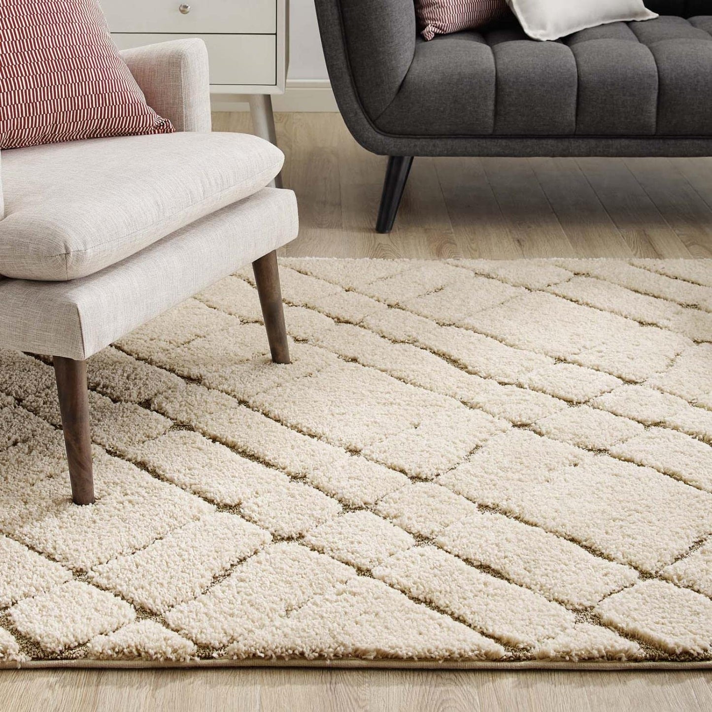 area rugs | CasaFoyer Jubilant Abstract Geometric Area Rug | Modern Design | Durable Polypropylene Shag | Jute Backing | 1.18-inch Pile | Non-Shedding | Stain-Resistant | Easy to Clean | 5x8 | Cream and Beige | casafoyer.myshopify.com