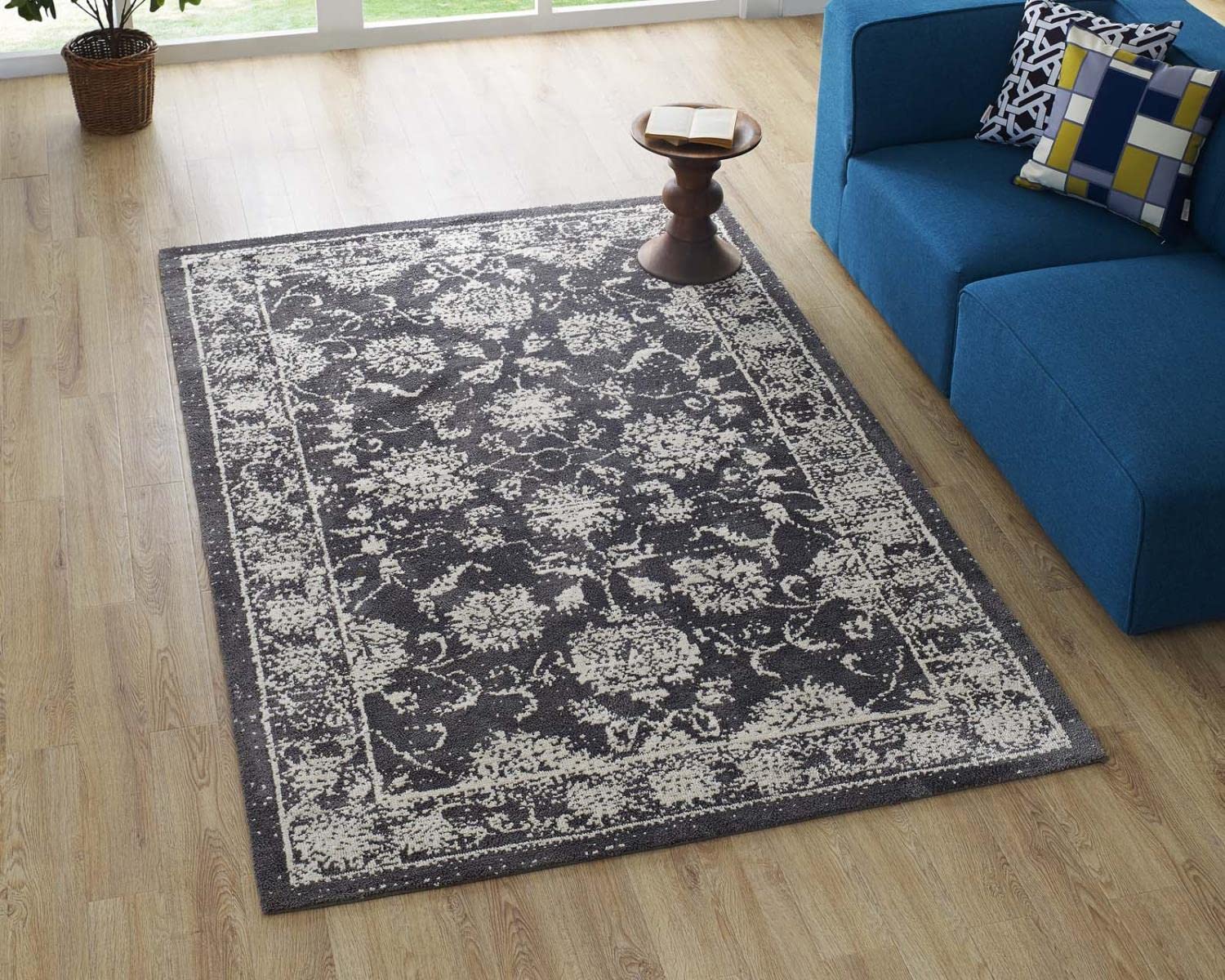 Carpet & Rugs | CasaFoyer Kazia Distressed Floral Lattice Area Rug | Modern Design | Plush Microfiber | Stain Resistant | 5x8 Dark Gray and Ivory | casafoyer.myshopify.com