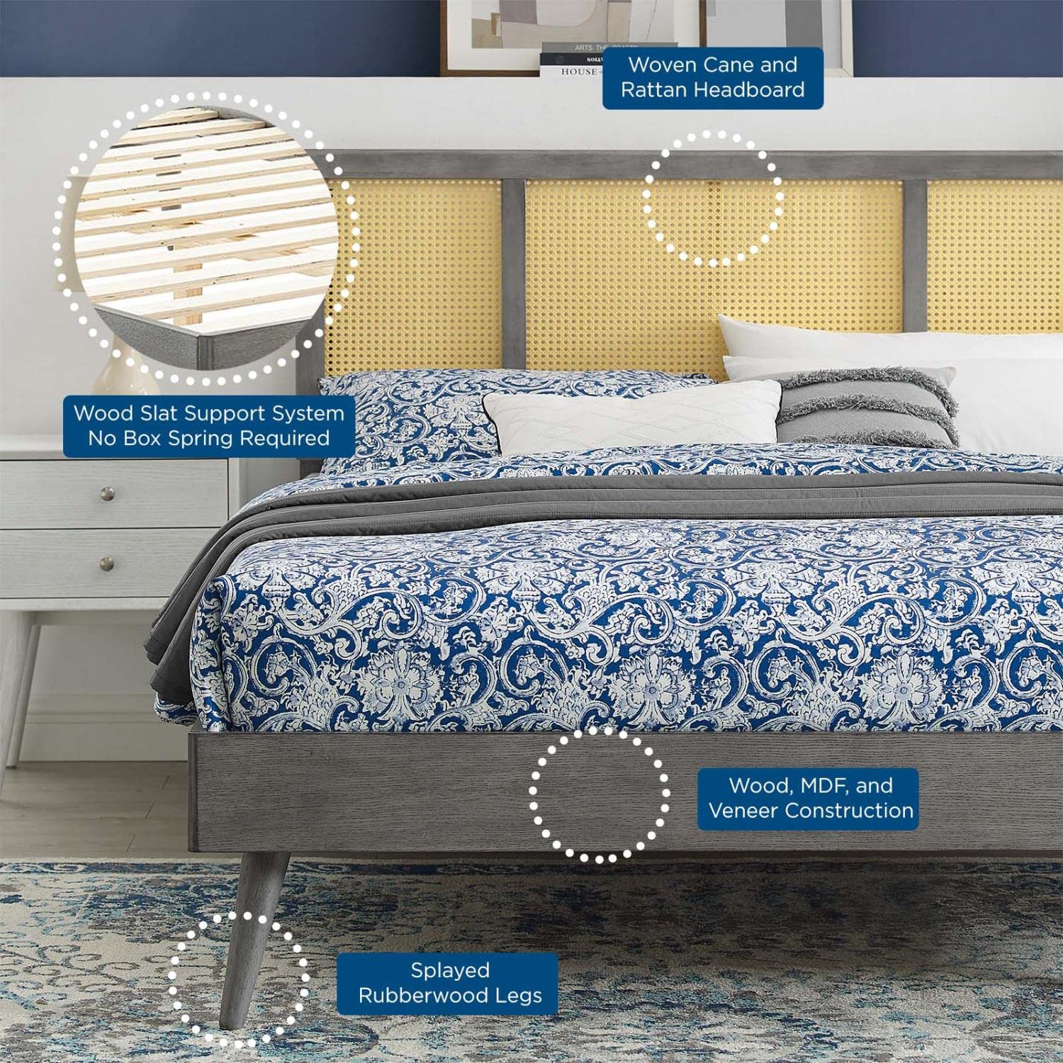 adjustable bed bases | CasaFoyer Kelsea Woven Cane Rattan Wood Full Platform Bed | Retro Detail | Organic Aesthetics | Mid-Century Modern with Tropical Flair | Sturdy | No Box Spring Needed | Gray | casafoyer.myshopify.com