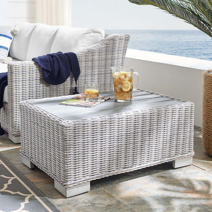 coffee tables | Ergode Conway 32 Outdoor Patio Wicker Rattan Coffee Table - Light Gray | UV-Resistant | Sturdy Aluminum Frame | Stylish Wood-Look | casafoyer.myshopify.com