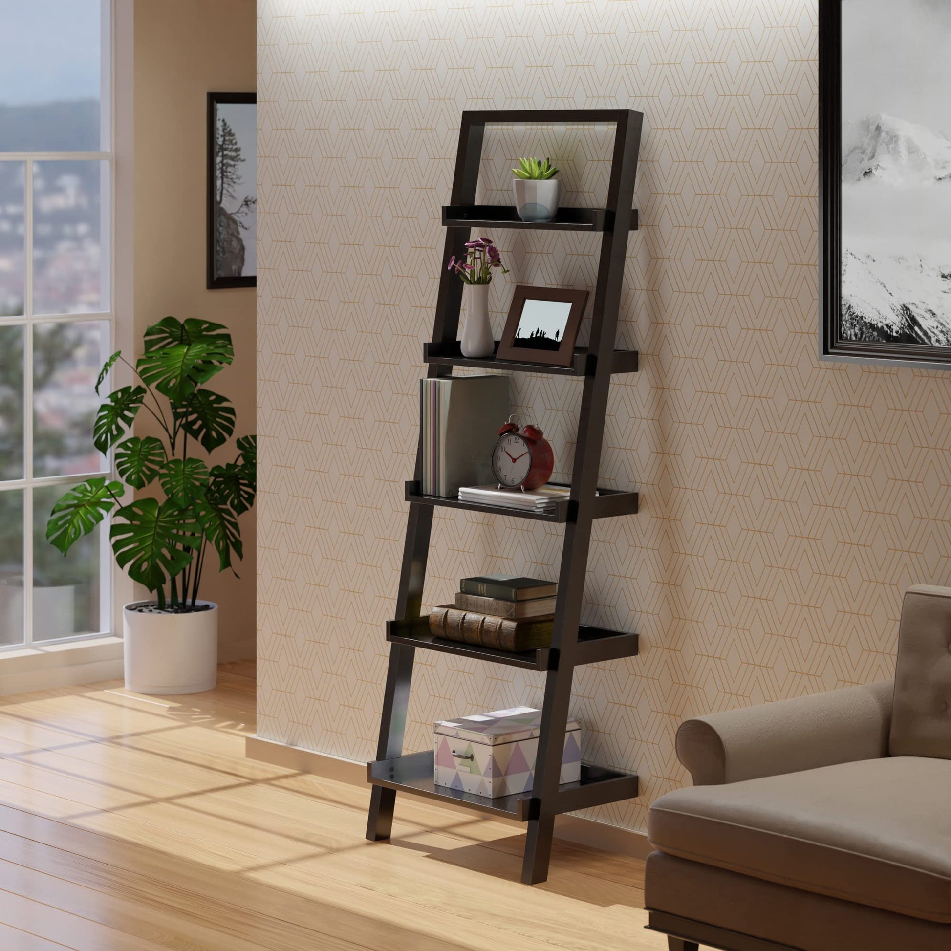 SHELF | Ergode  Wood Bellamy Leaning Shelf | Sleek & Stylish Space-Saving Solution | 5 Tiers of Open Shelves | Black Finish | Easy Assembly & Wall Attachment | casafoyer.myshopify.com