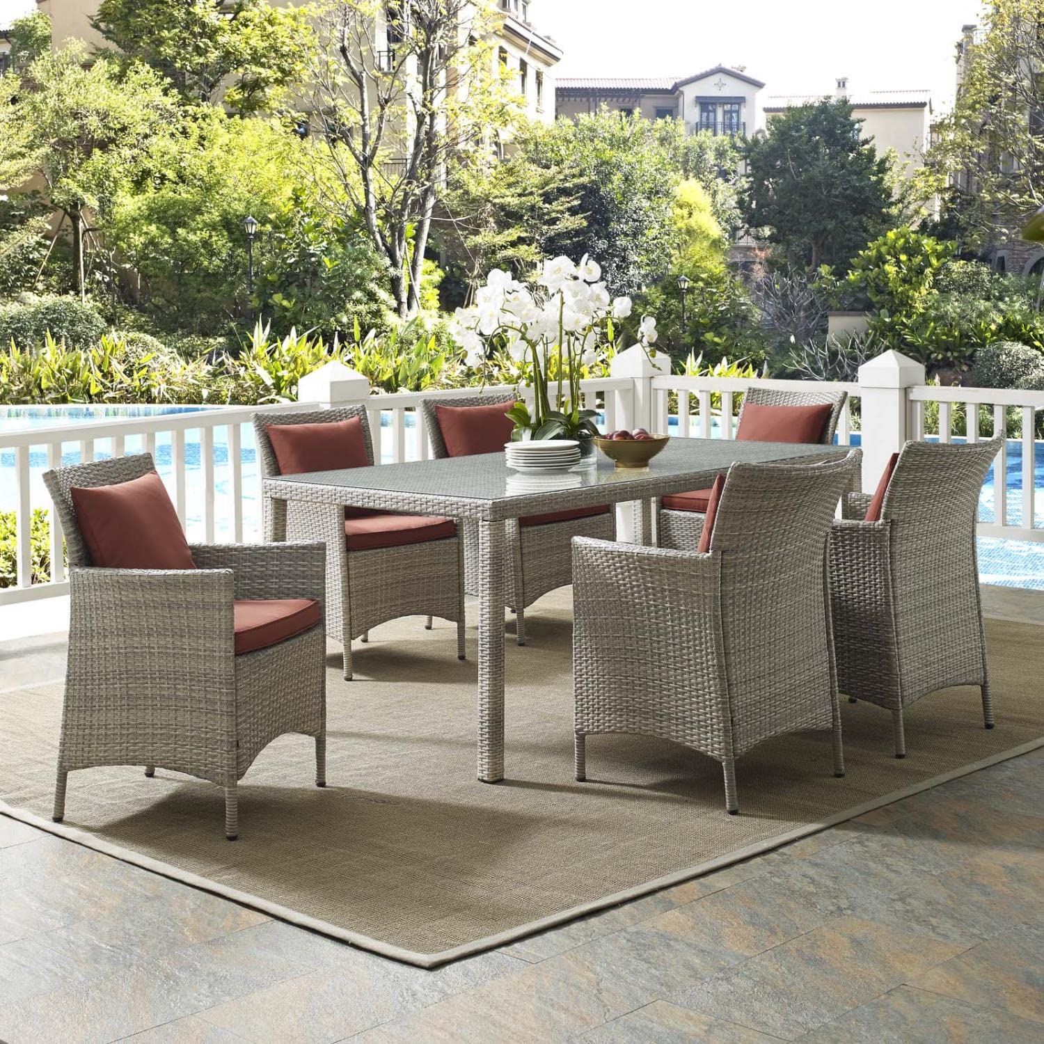 kitchen and dining room sets | CasaFoyer Conduit 7 Piece Outdoor Patio Dining Set | Transitional Style | Modern Flair | Aluminum Frame | UV-Resistant Wicker Rattan | Foam Padded Cushions | Waterproof Covers | Tempered Glass Tabletop | All-Weather | Includes Table, Chairs, and Cushions | casafoyer.myshopify.com