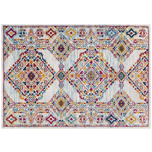 Carpet & Rugs | CasaFoyer Khalida Distressed Vintage Floral Lattice Area Rug | Elegant Design | Durable Frise Polypropylene | Rubber Bottom | Low Pile Weave | 8x10 | Ivory, Blue, Orange, Yellow, Red | casafoyer.myshopify.com