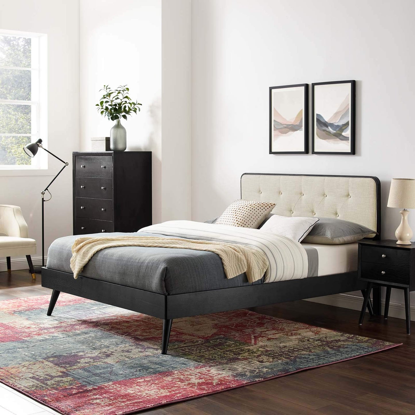 Bed | CasaFoyer Bridgette Tufted Wood Queen Platform Bed | Modern Design | Button Tufted Headboard | Wood Grain Frame | Durable Construction | No Box Spring Needed | Accommodates Various Mattresses | Easy Assembly | Black Beige | casafoyer.myshopify.com