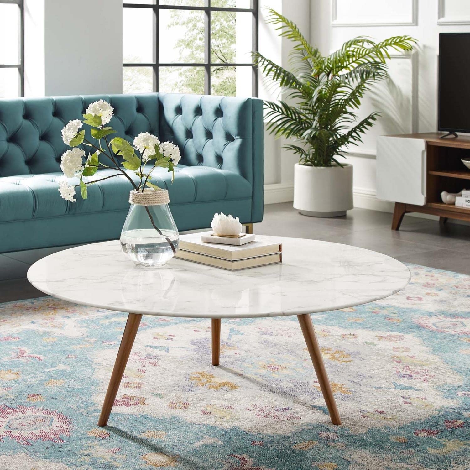 coffee tables | Ergode Lippa 40 Round Walnut Veneer Coffee Table | Timeless Design | Scratch-Resistant Finish | Tripod Base | Perfect for Living Room or Home Office | casafoyer.myshopify.com