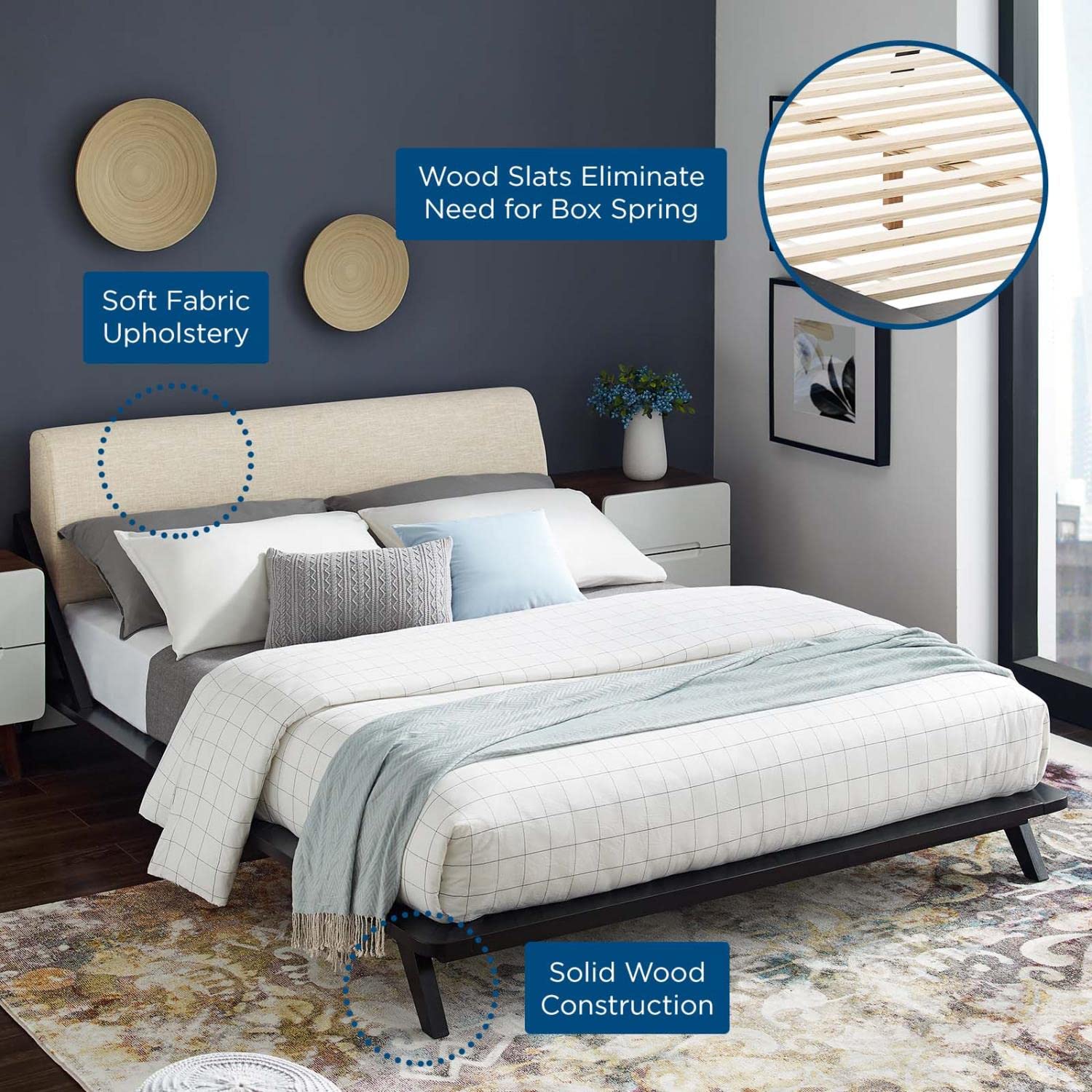 adjustable bed bases | CasaFoyer Luella Queen Platform Bed | Sled Design | Premium Upholstery | Solid Wood Frame | Slatted Support System | Fits Memory Foam, Innerspring, Latex, Hybrid Mattresses | 800 lbs Capacity | Complete Sleep Experience | casafoyer.myshopify.com