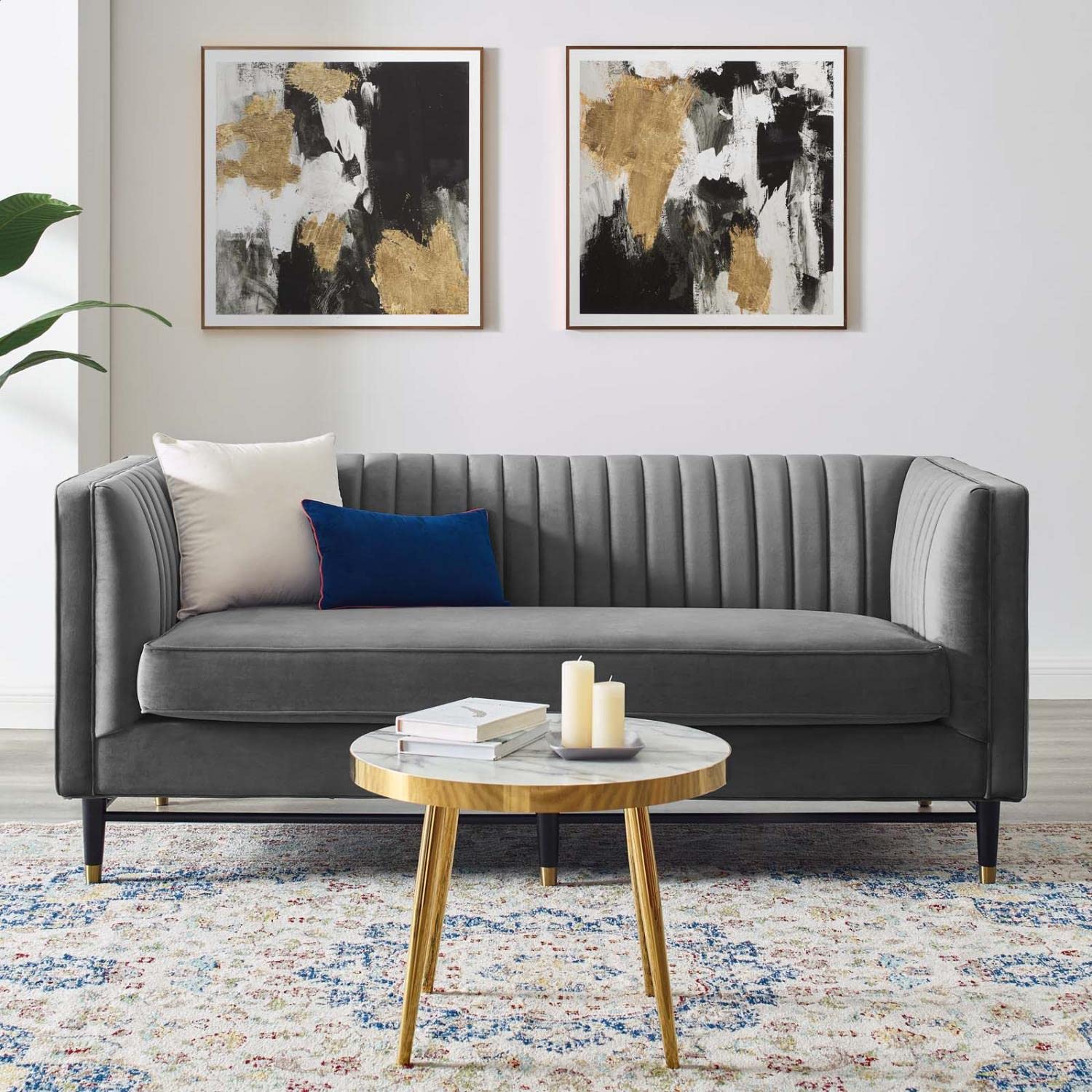 sofas | CasaFoyer Devote Channel Tufted Performance Velvet Loveseat | Retro Design | Stain-Resistant | Dense Foam Padding | Black Rubberwood Legs | Gold Stainless Steel Sleeves | Non-Marking Foot Caps | Gray | casafoyer.myshopify.com