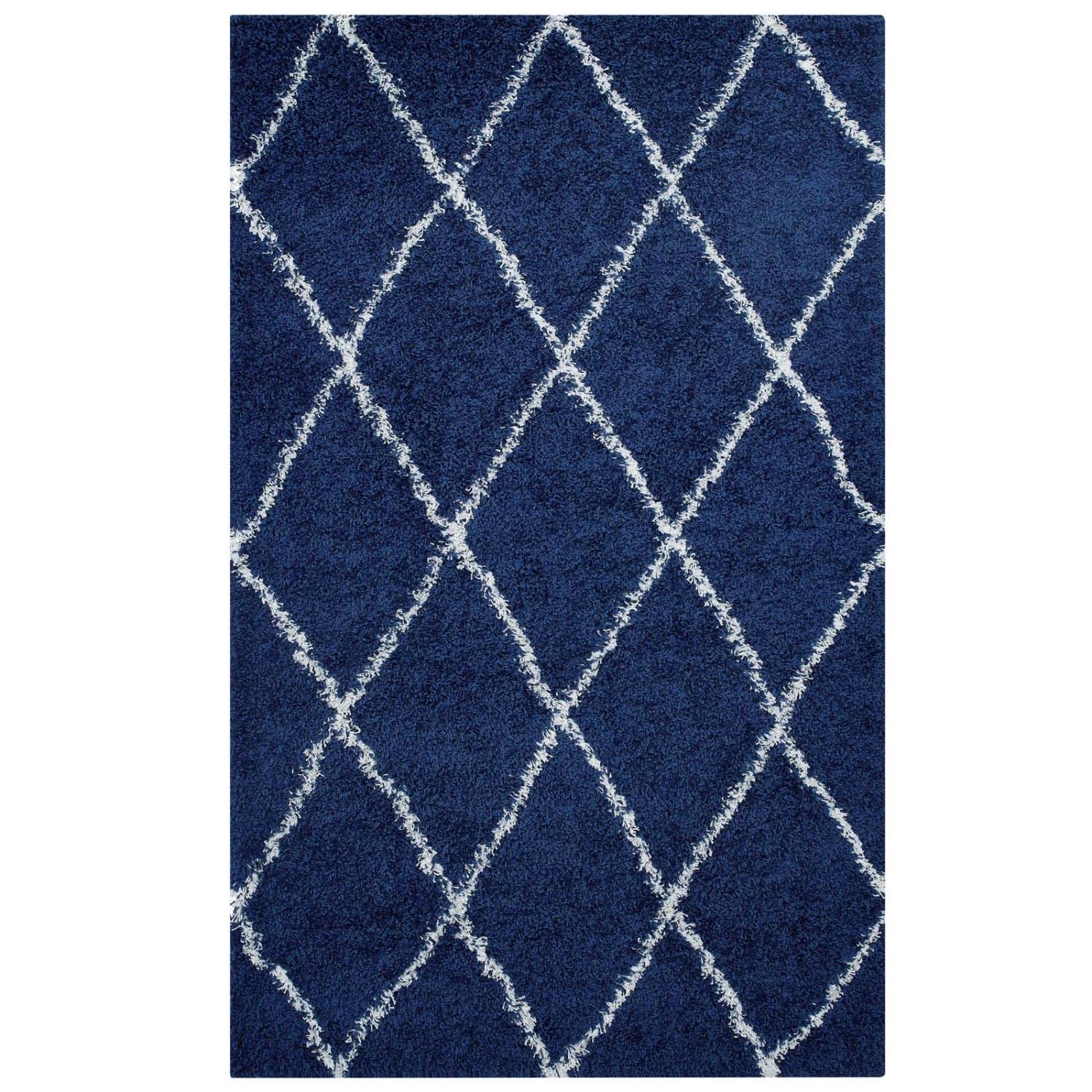 area rugs | CasaFoyer Toryn Diamond Trellis Shag Area Rug | Navy/Ivory | 5x8 ft | Durable Polypropylene | Stylish Lattice Pattern | High Pile Weave | Easy to Maintain | Safe for Kids/Pets | Protects Floors | casafoyer.myshopify.com