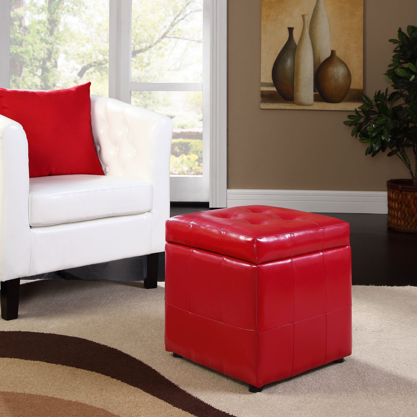ottomans | CasaFoyer Volt Button Tufted Faux Leather Upholstered Storage Ottoman | Compact & Reliable | Square Shape | Footrest & Storage Compartment | Sturdy Wood Frame | Soft & Durable Faux Leather | Stylish Addition to Any Room | Red | casafoyer.myshopify.com