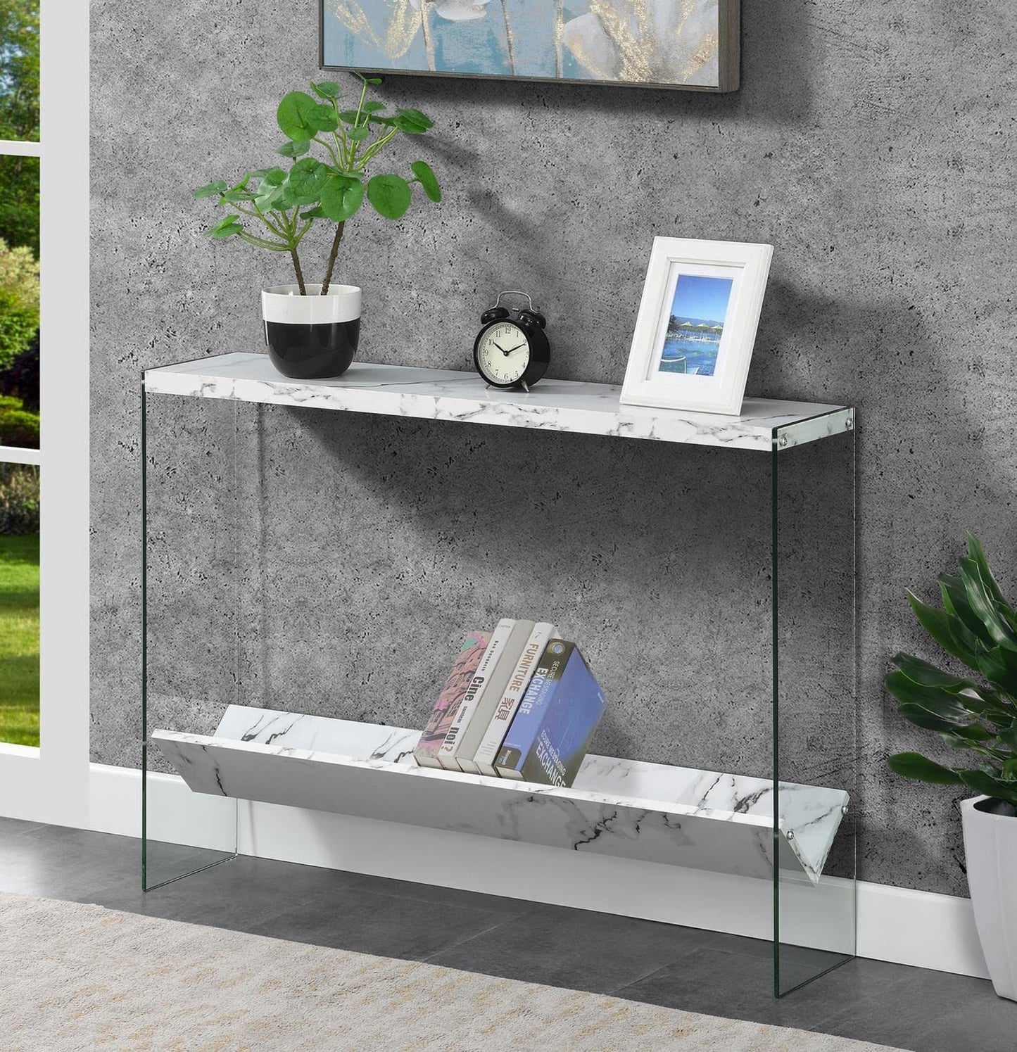 TABLE | Ergode SoHo V Console Table with Shelf | Contemporary Design | Glass Frame | Floating Shelves | Durable Honeycomb Particle Board | Easy Maintenance | casafoyer.myshopify.com