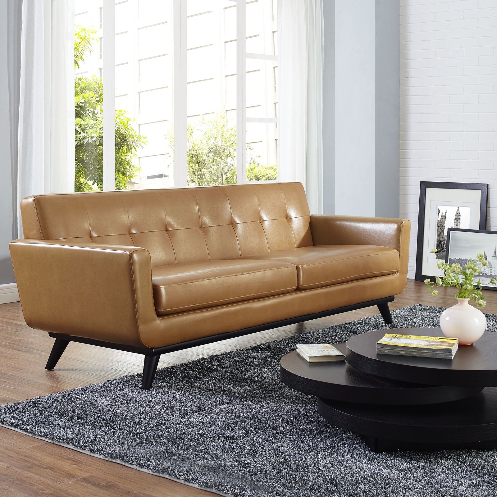 sofas | Engage Leather Sofa | Ultimate Lounging Experience | Curved Design | Dual Cushions | Cherry Wood Legs | 7 Eye-Catching Buttons | casafoyer.myshopify.com