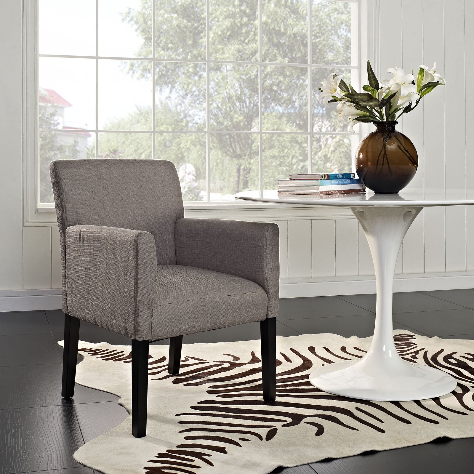 Dining Table | Chloe Wood Legged Armchair | Versatile & Timeless Design | Comfortable Fabric | Sturdy Dark Wooden Legs | Perfect for Dining, Office, or Living Room | Neutral & Engaging | Gray | casafoyer.myshopify.com