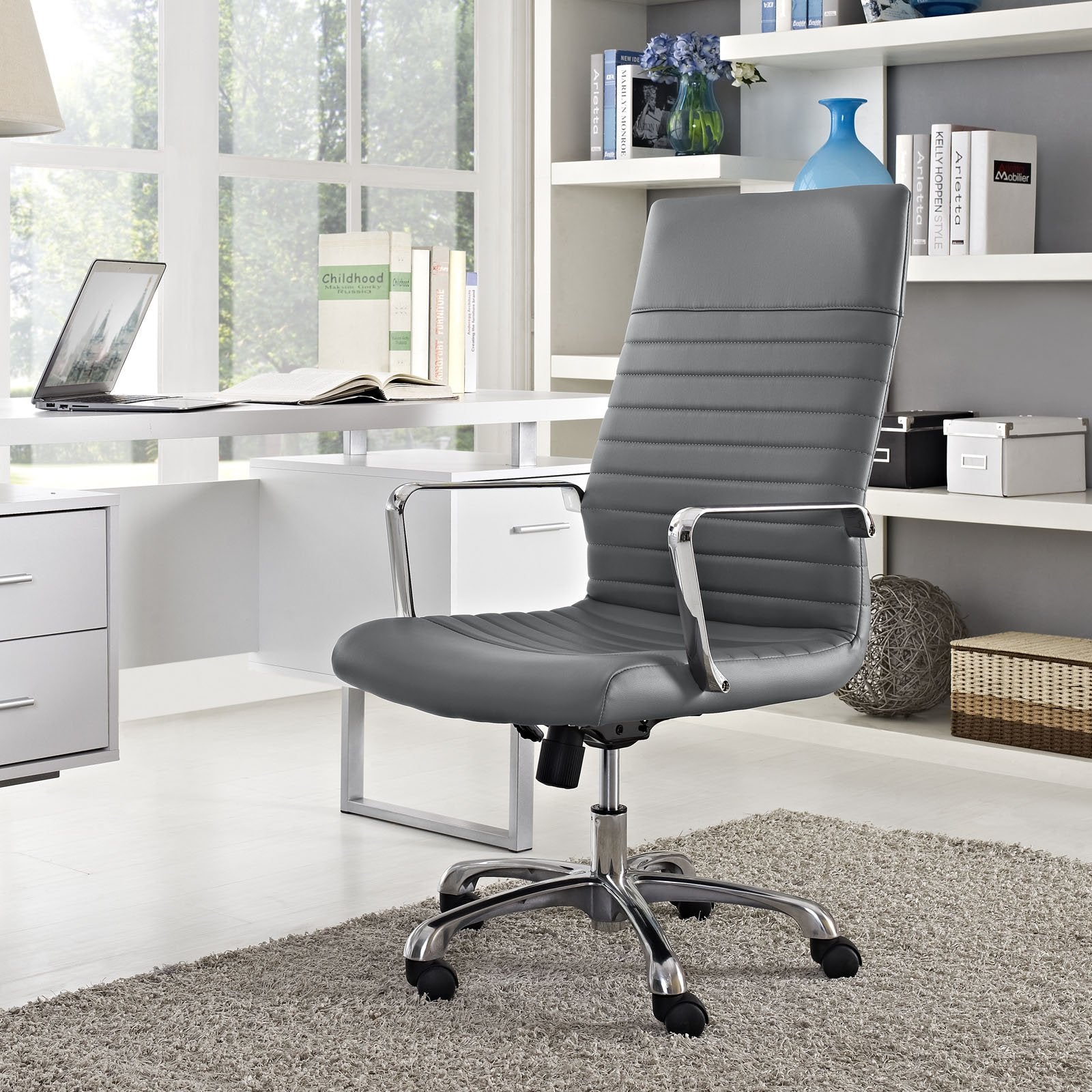 home office desk chairs | CasaFoyer Finesse Highback Computer Desk Office Chair | Gray Vinyl Cushioned | Waterfall Seat | Polished Aluminum Arms | Height Adjustable | Tilt Control | casafoyer.myshopify.com