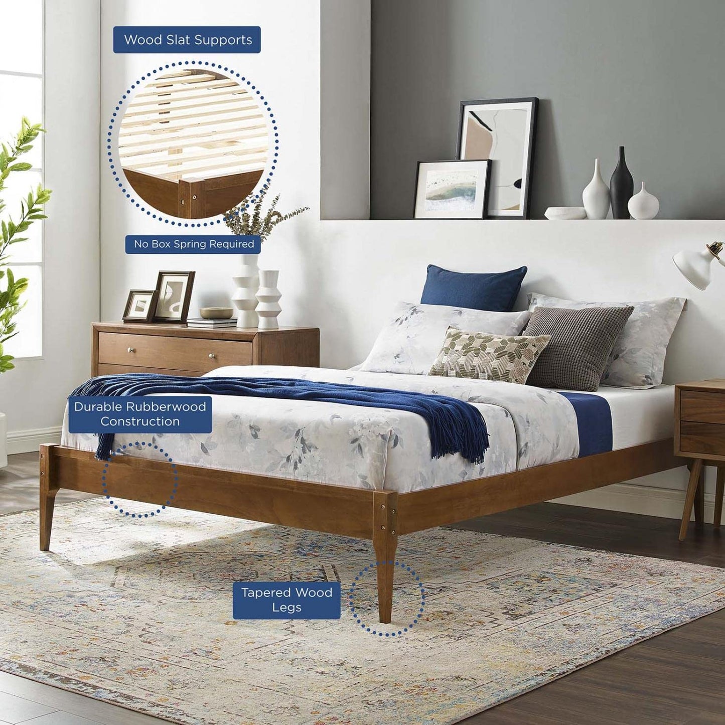 bed frames | CasaFoyer June King Platform Bed | Mid-Century Design | Durable Wood Frame | No Box Spring Needed | Walnut Finish | casafoyer.myshopify.com