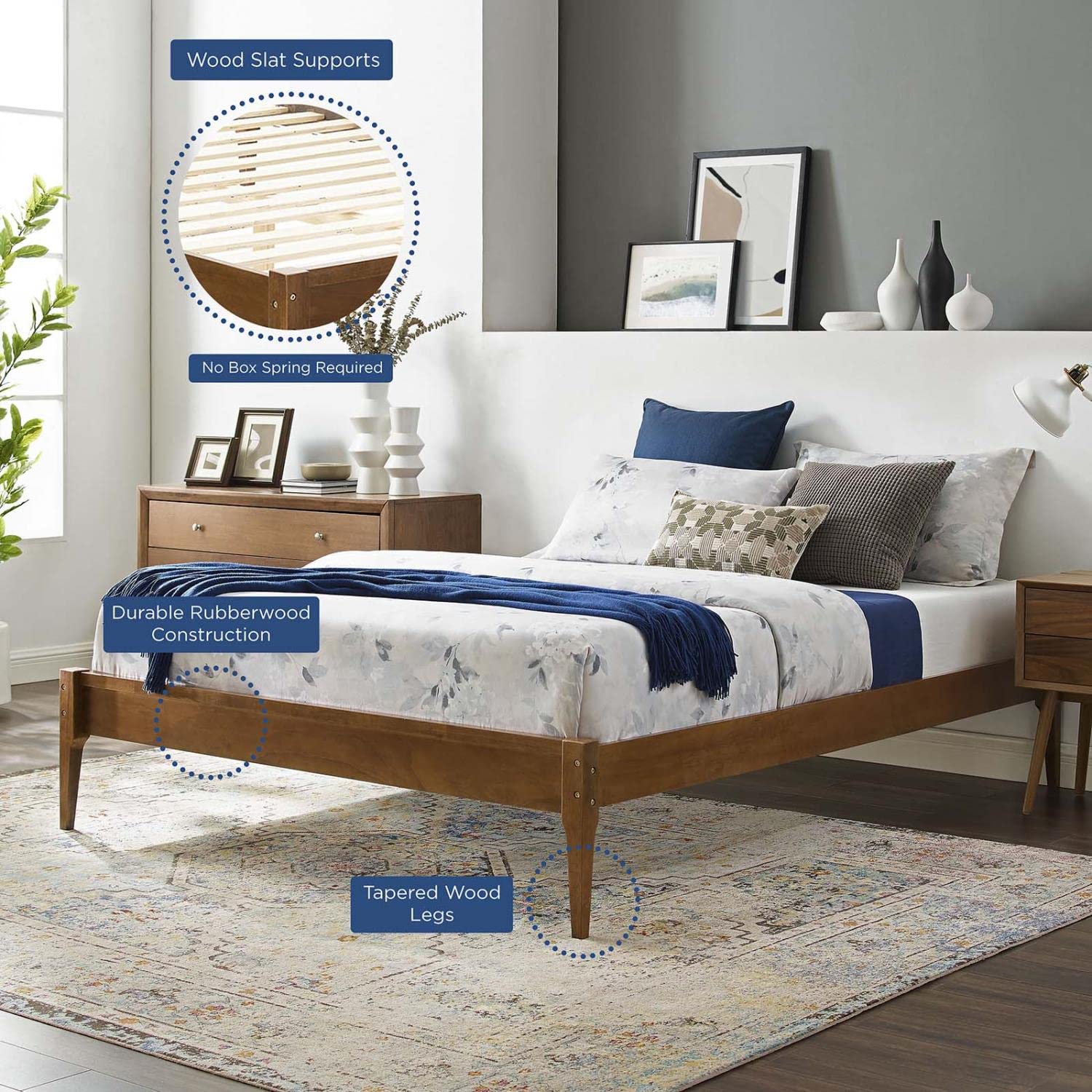 bed frames | CasaFoyer June Full Platform Bed | Sleek & Cozy Mid-Century Design | Durable Wood Construction | No Box Spring Needed | Easy Assembly | Walnut Finish | casafoyer.myshopify.com