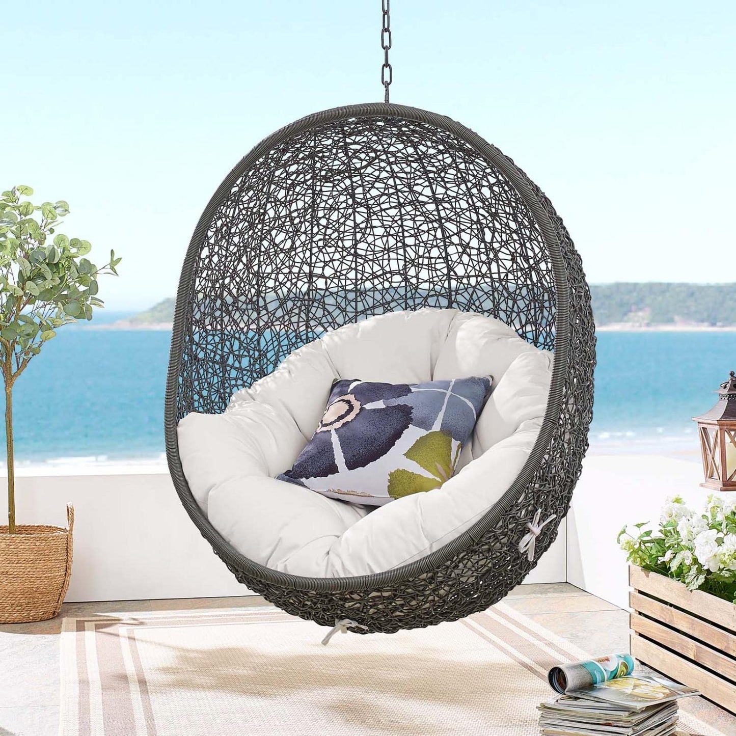 porch swings | Ergode Hide Swing Chair with Stand | Synthetic Rattan | Sunbrella Cushion | Powder-Coated Steel Frame | Weather & UV Resistant | Perfect for Patio, Backyard, Porch, Poolside | Indoor Lounge, Living, Bedroom | Gray White | casafoyer.myshopify.com
