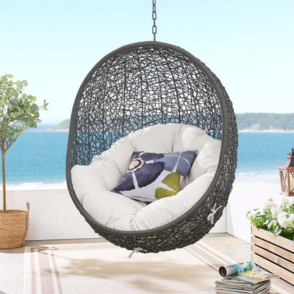 porch swings | Ergode Hide Swing Chair with Stand | Synthetic Rattan | Sunbrella Cushion | Powder-Coated Steel Frame | Weather & UV Resistant | Perfect for Patio, Backyard, Porch, Poolside | Indoor Lounge, Living, Bedroom | Gray White | casafoyer.myshopify.com